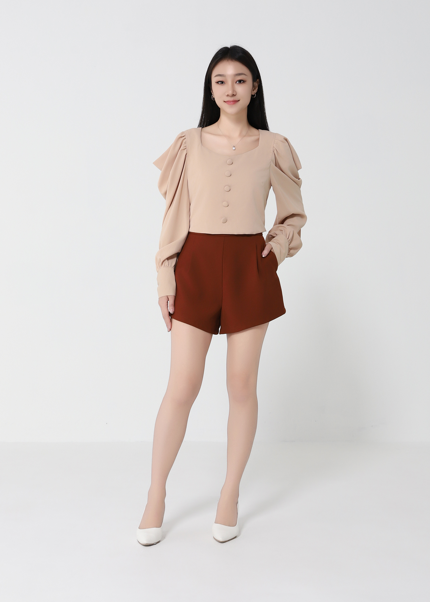 Long Sleeve Front Button Top With Pleat Short Pant Set 22691