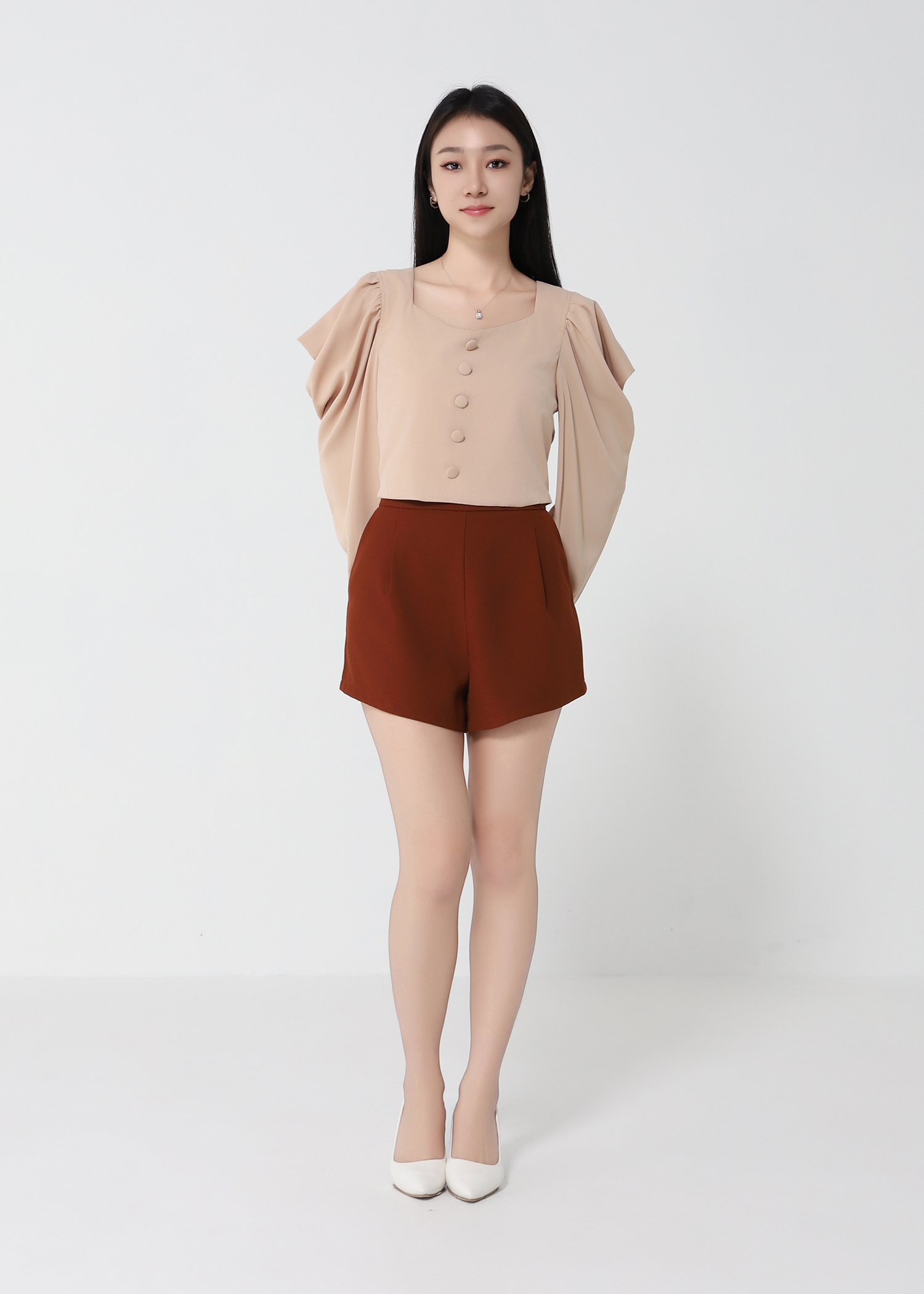 Long Sleeve Front Button Top With Pleat Short Pant Set 22691