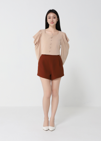 Long Sleeve Front Button Top With Pleat Short Pant Set 22691