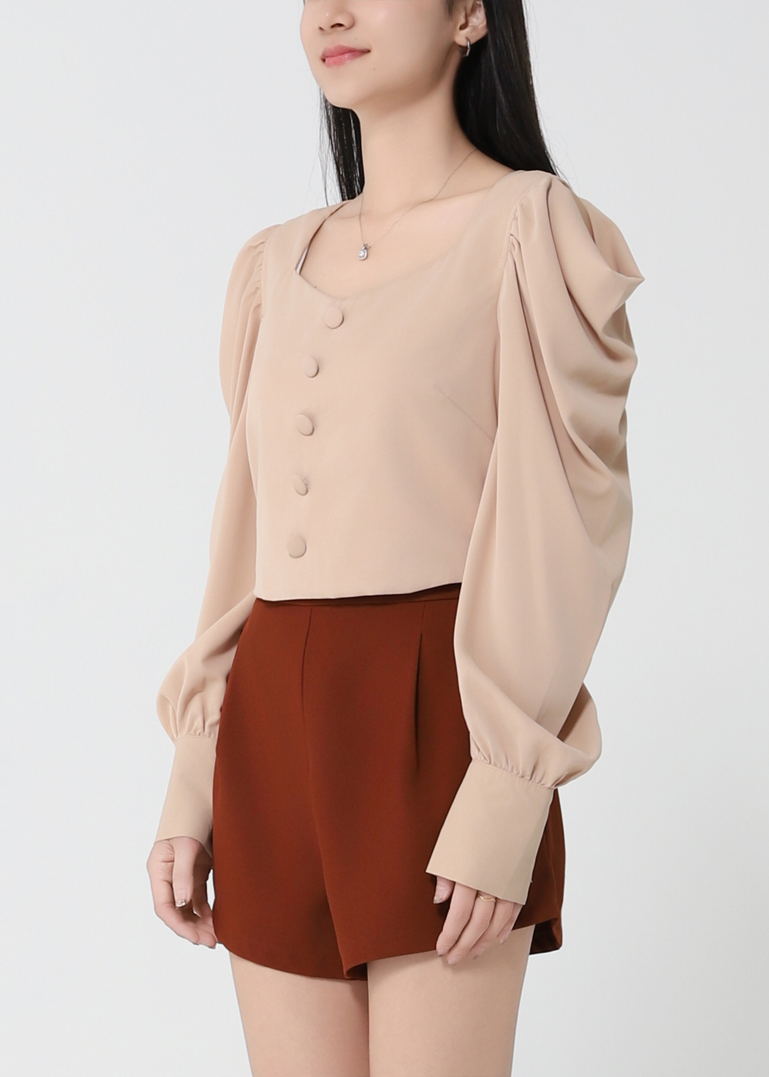 Long Sleeve Front Button Top With Pleat Short Pant Set 22691