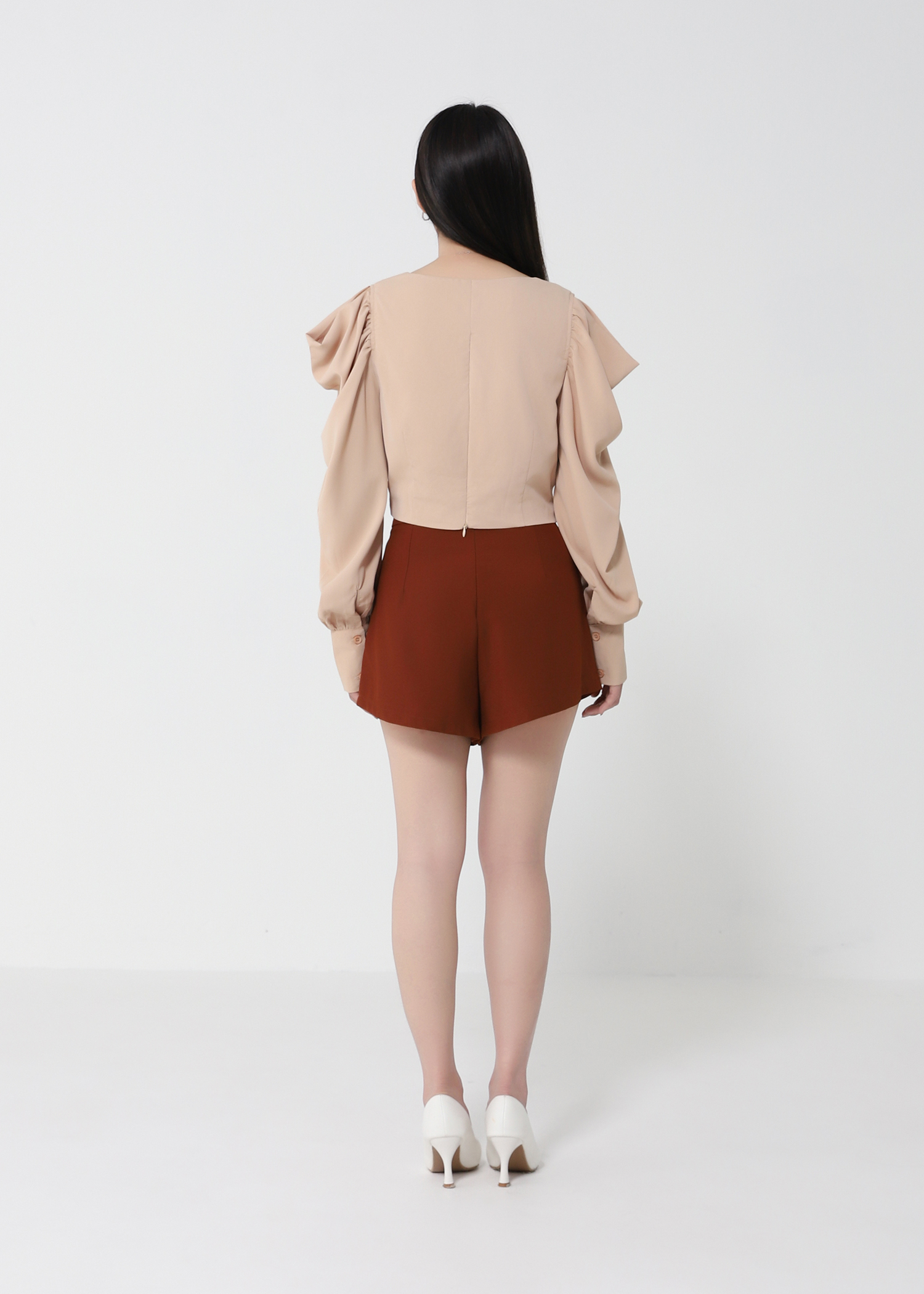 Long Sleeve Front Button Top With Pleat Short Pant Set 22691