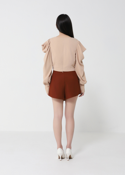 Long Sleeve Front Button Top With Pleat Short Pant Set 22691