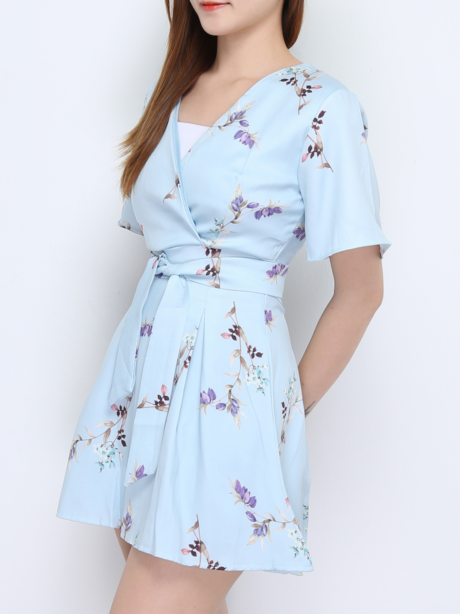 Short Sleeve With Decorative Belt Wrap Dress 22697