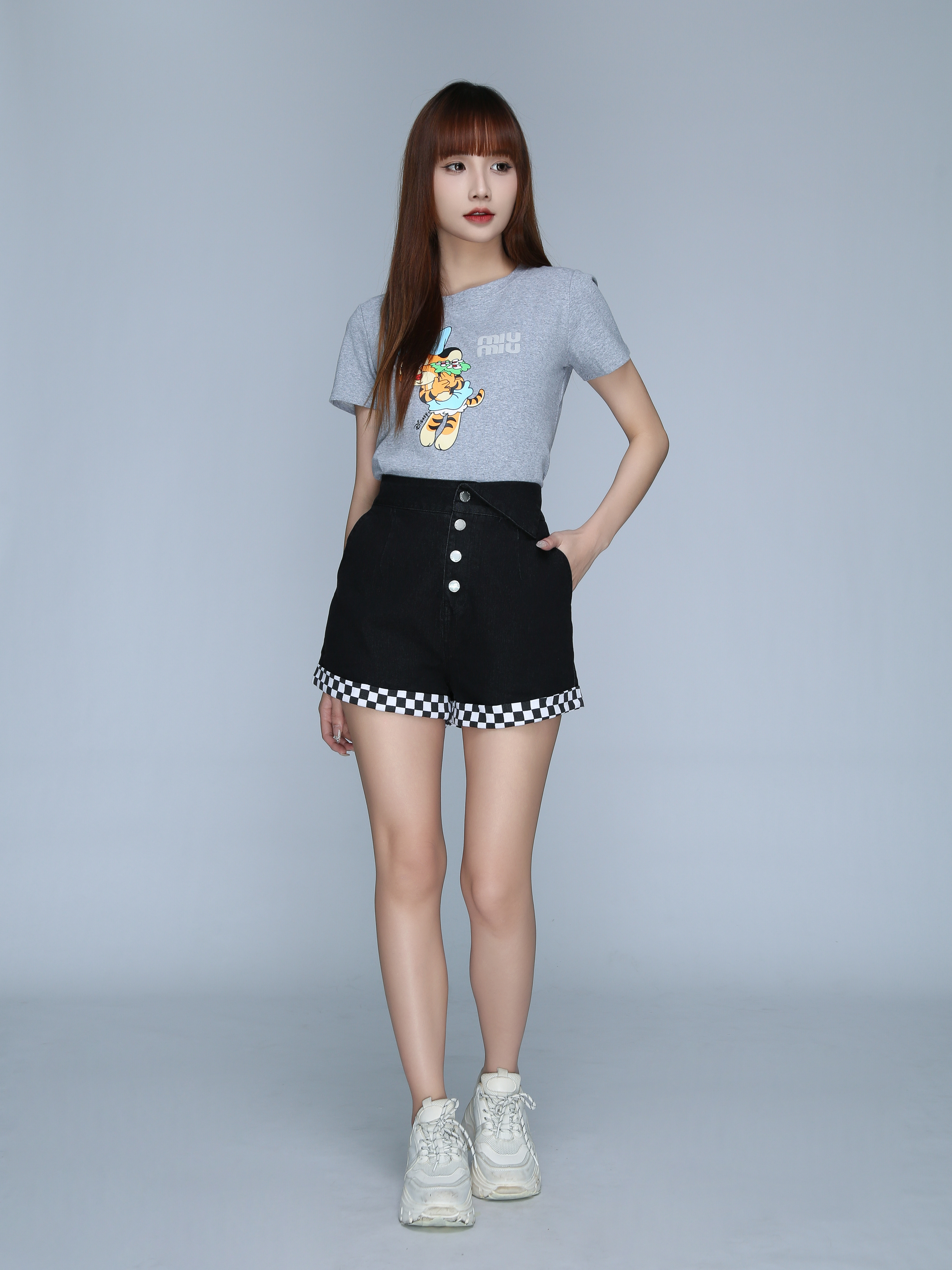 Denim With Checker Leg Side Breasted Button Short Pants 22994