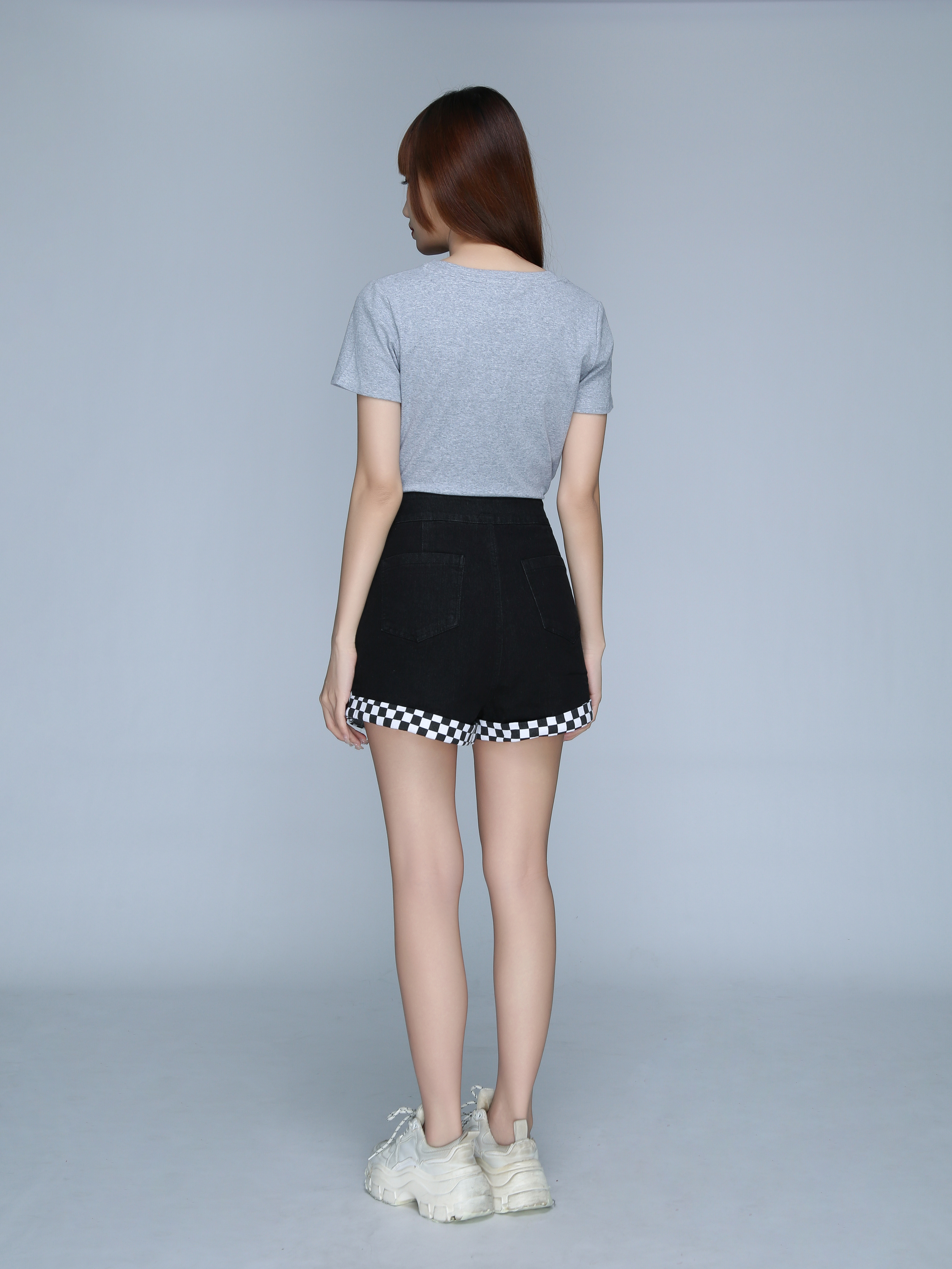 Denim With Checker Leg Side Breasted Button Short Pants 22994