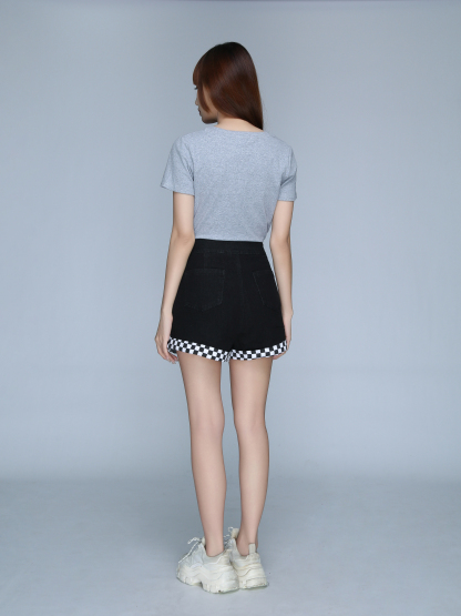 Denim With Checker Leg Side Breasted Button Short Pants 22994