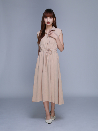 Sleeveless Front Button Drawstring Waist Dress 22714