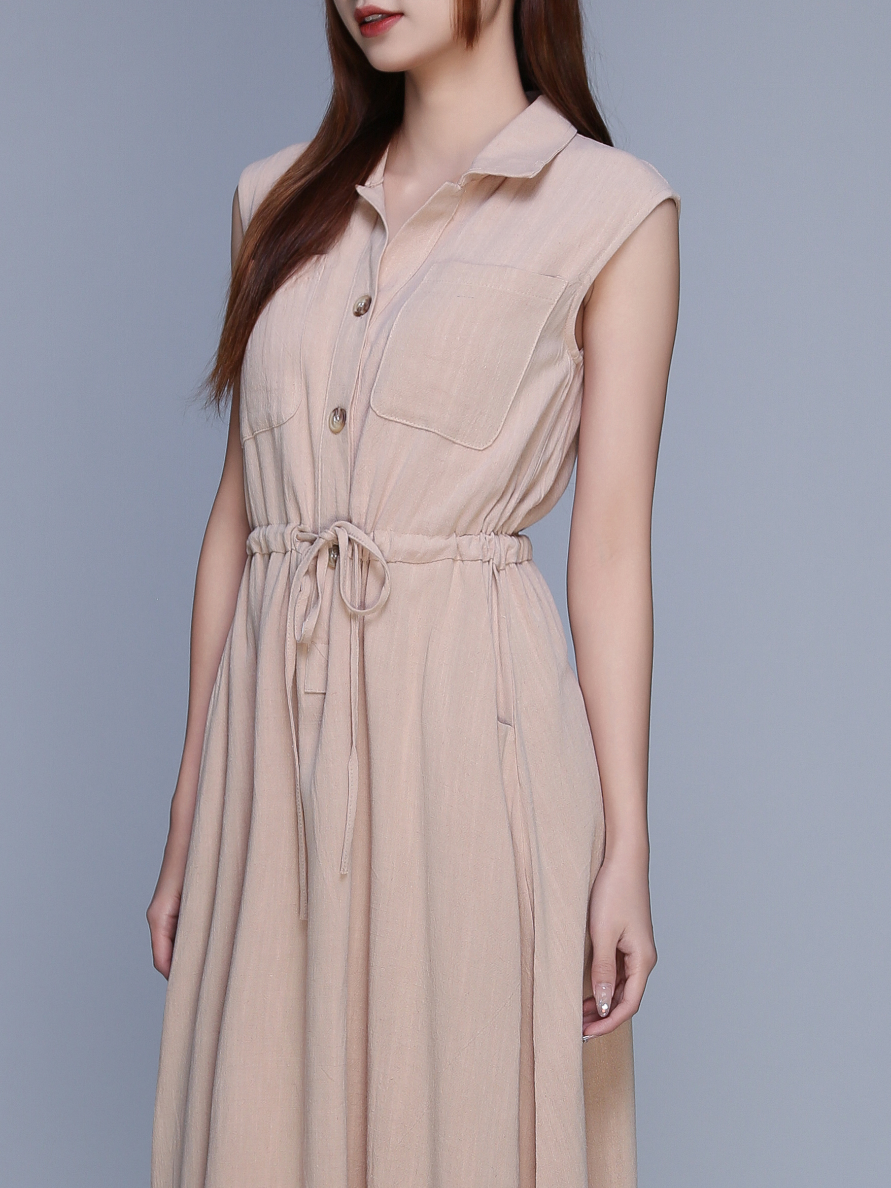 Sleeveless Front Button Drawstring Waist Dress 22714