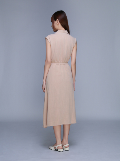 Sleeveless Front Button Drawstring Waist Dress 22714