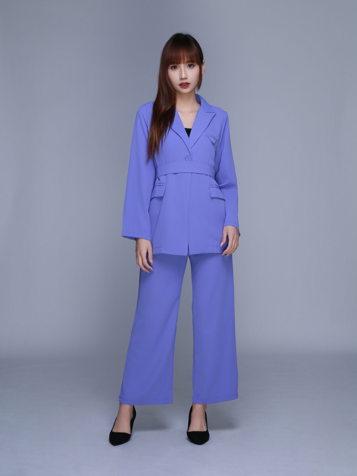 Long Sleeve Front Button Decorative Belt With Long Pant Set 22719