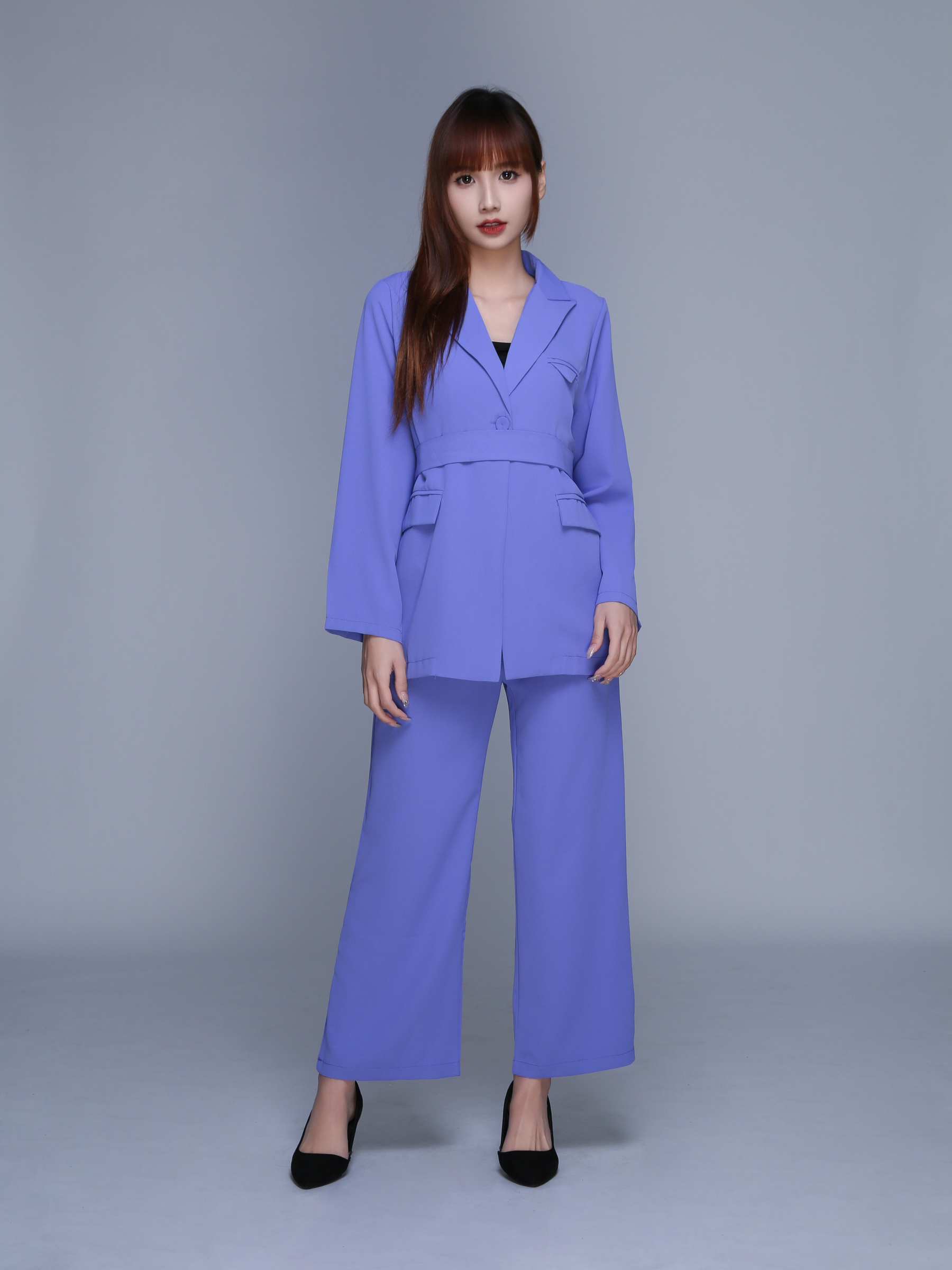 Long Sleeve Front Button Decorative Belt With Long Pant Set 22719