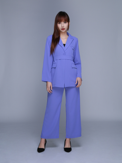 Long Sleeve Front Button Decorative Belt With Long Pant Set 22719