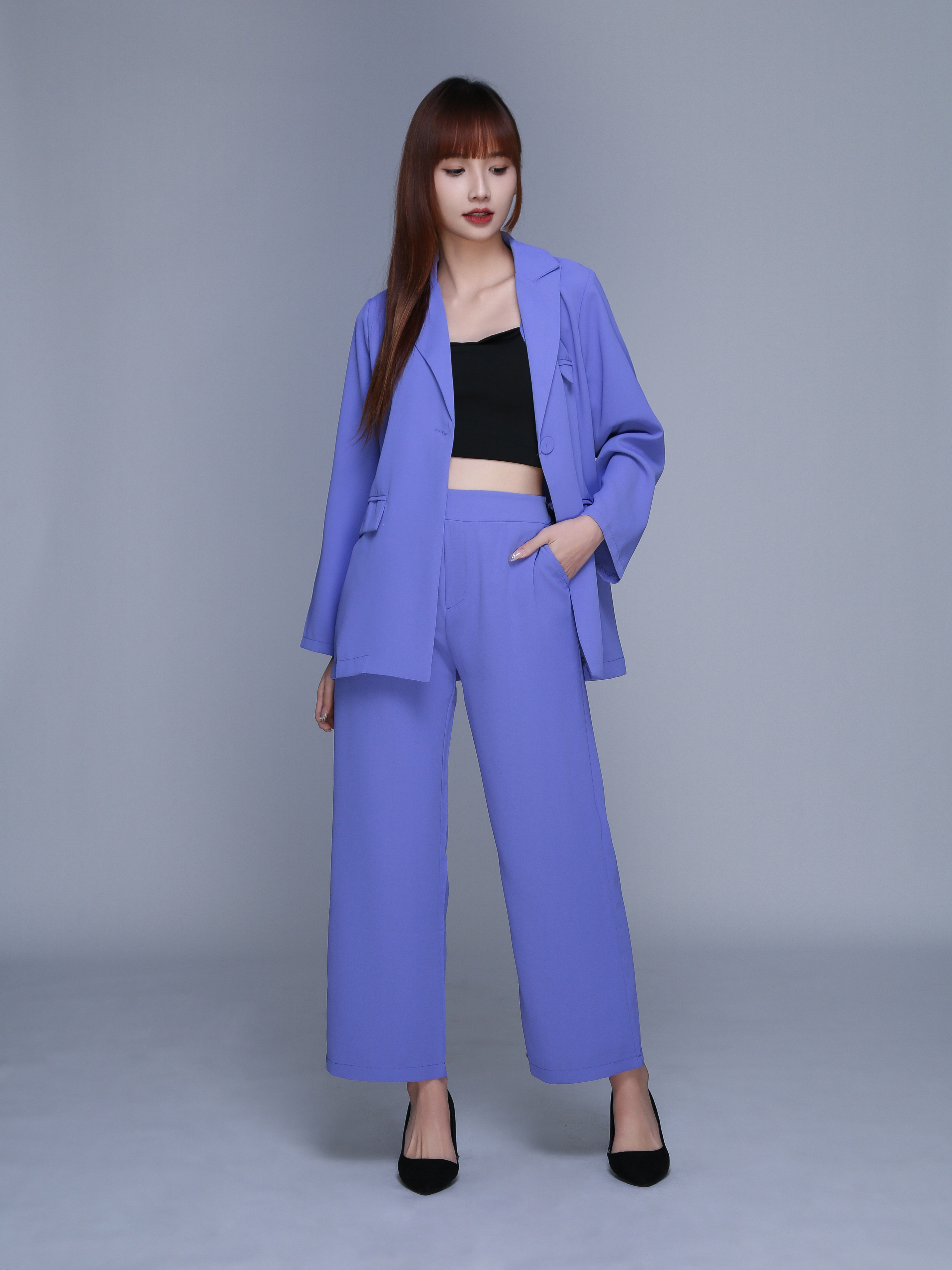 Long Sleeve Front Button Decorative Belt With Long Pant Set 22719