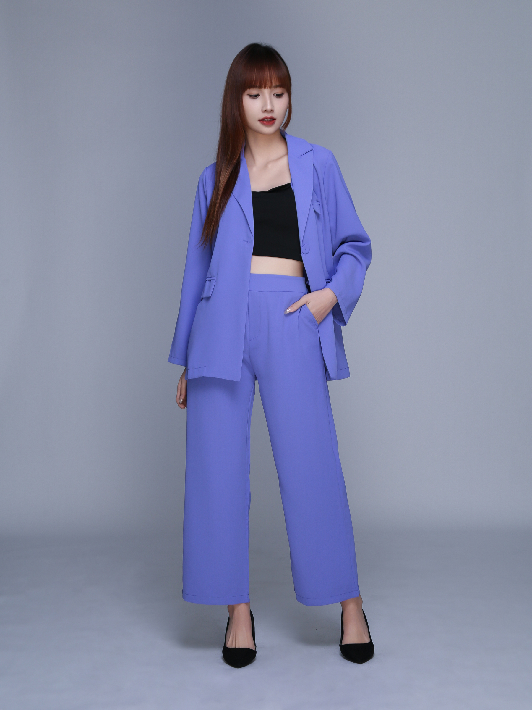 Long Sleeve Front Button Decorative Belt With Long Pant Set 22719