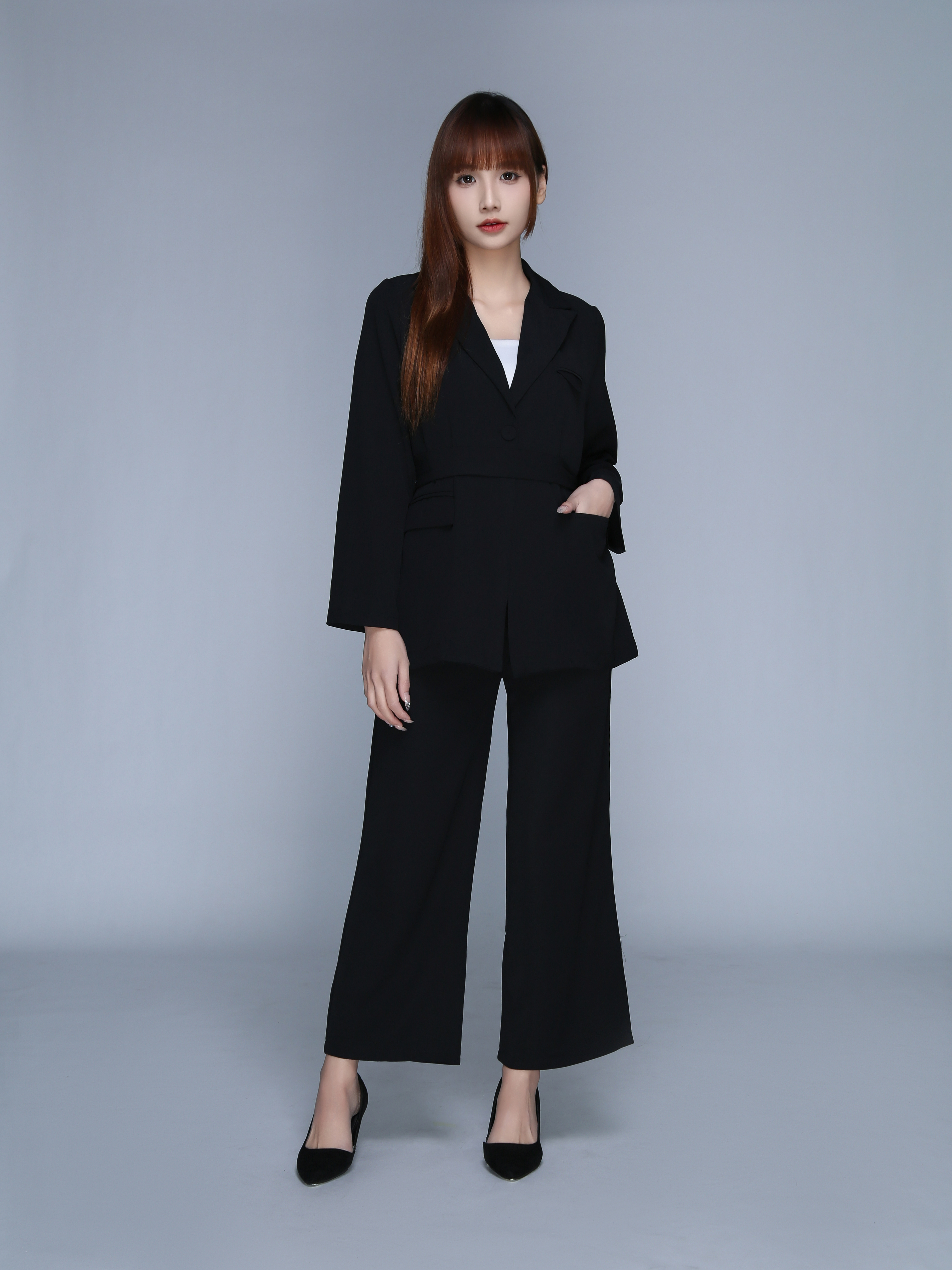 Long Sleeve Front Button Decorative Belt With Long Pant Set 22719