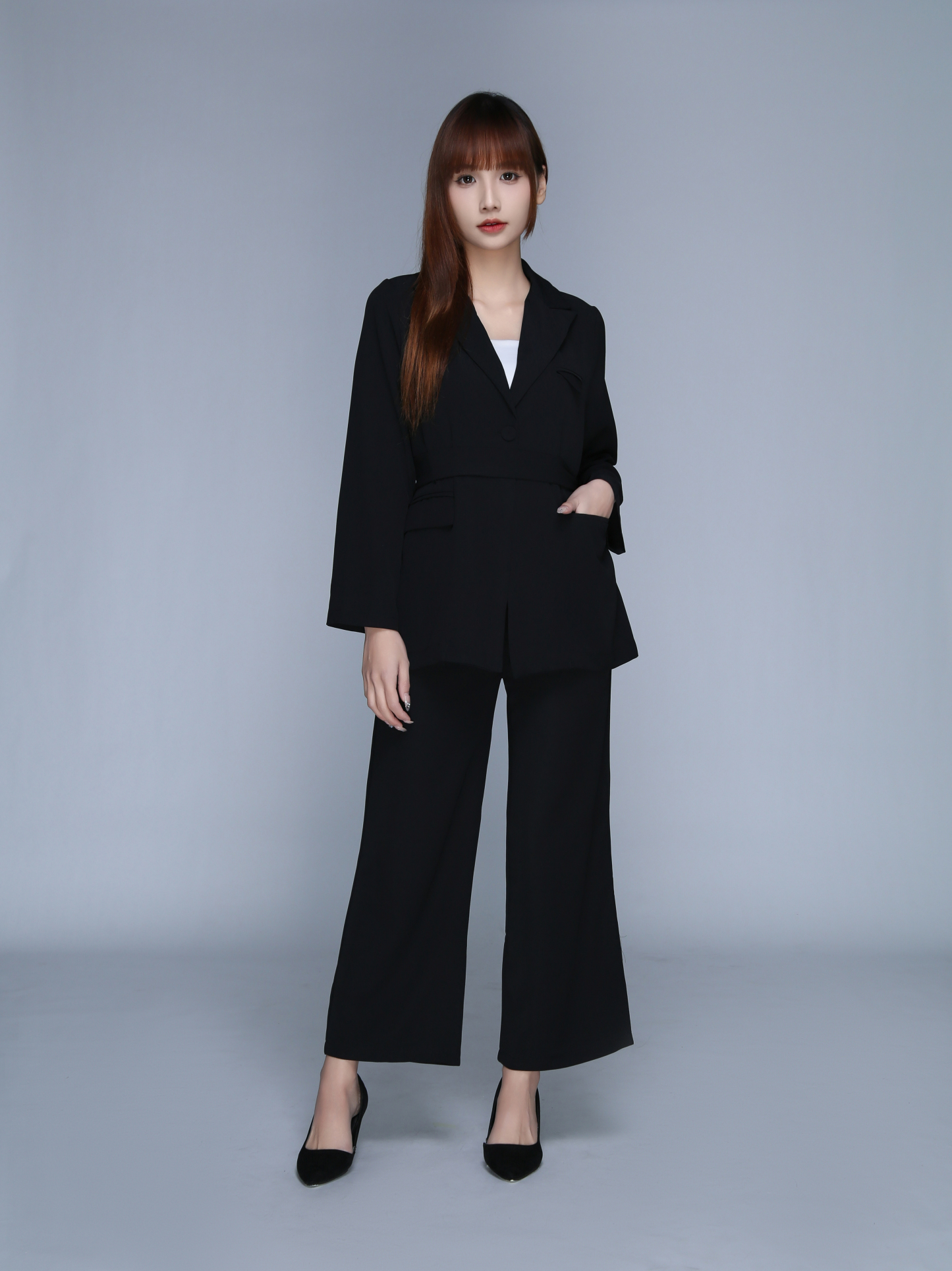 Long Sleeve Front Button Decorative Belt With Long Pant Set 22719