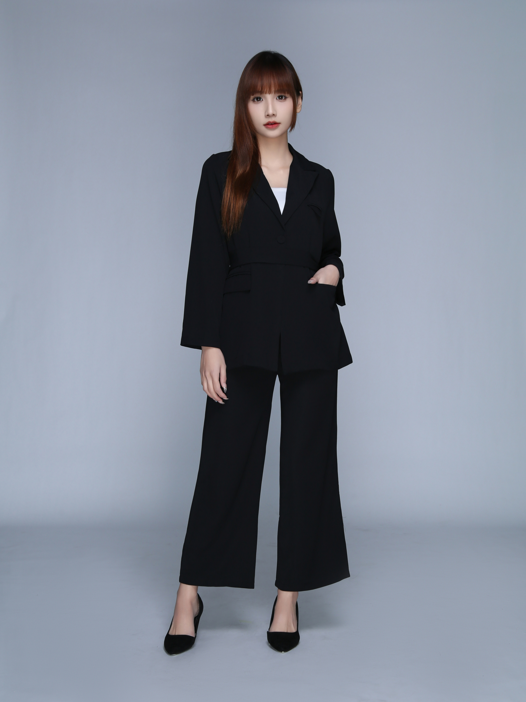 Long Sleeve Front Button Decorative Belt With Long Pant Set 22719