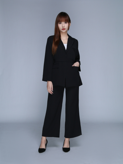 Long Sleeve Front Button Decorative Belt With Long Pant Set 22719