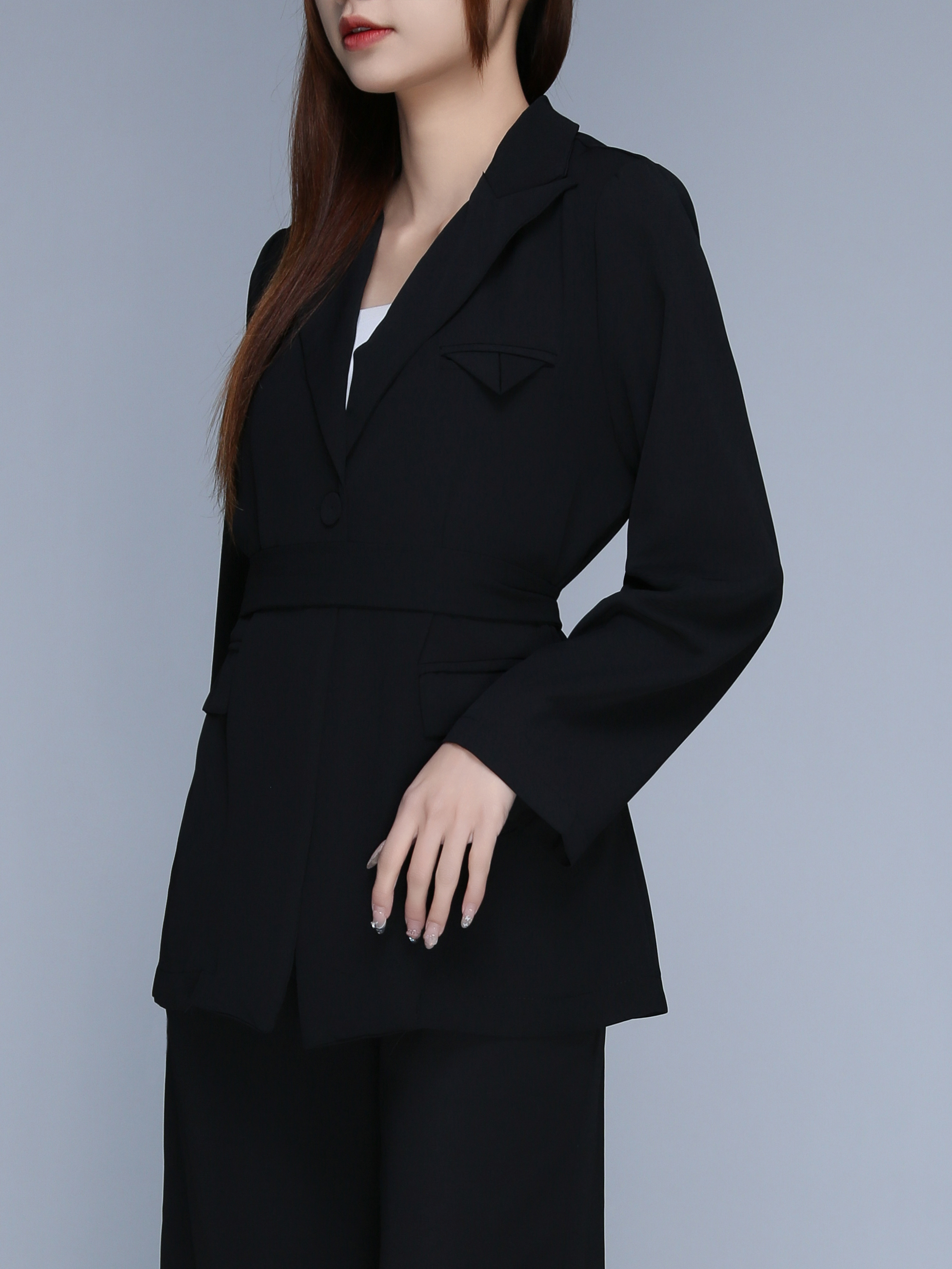 Long Sleeve Front Button Decorative Belt With Long Pant Set 22719