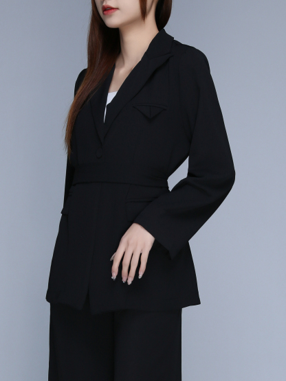 Long Sleeve Front Button Decorative Belt With Long Pant Set 22719