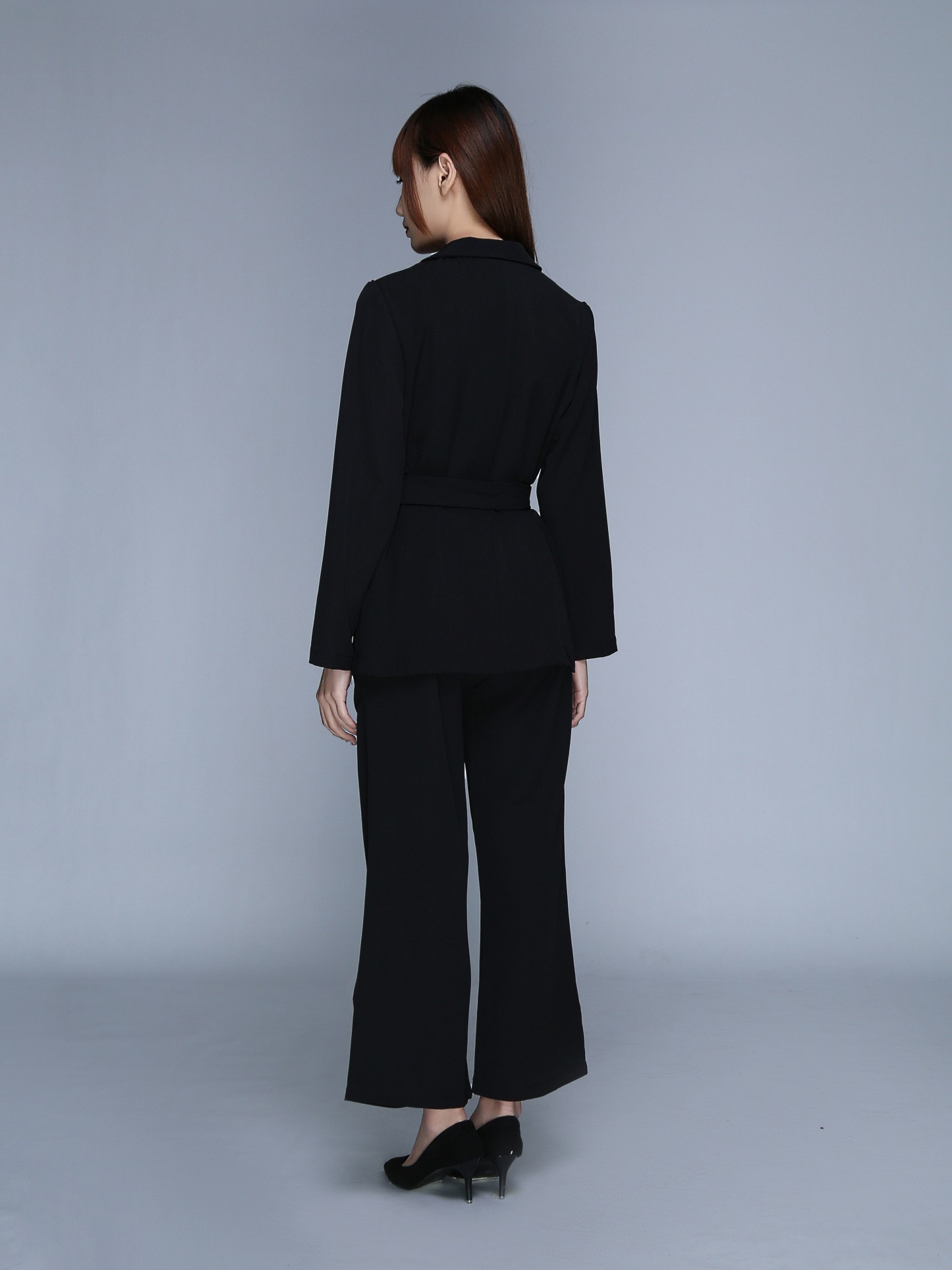 Long Sleeve Front Button Decorative Belt With Long Pant Set 22719