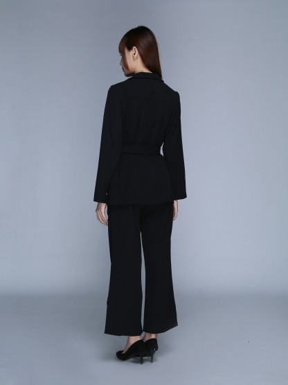 Long Sleeve Front Button Decorative Belt With Long Pant Set 22719