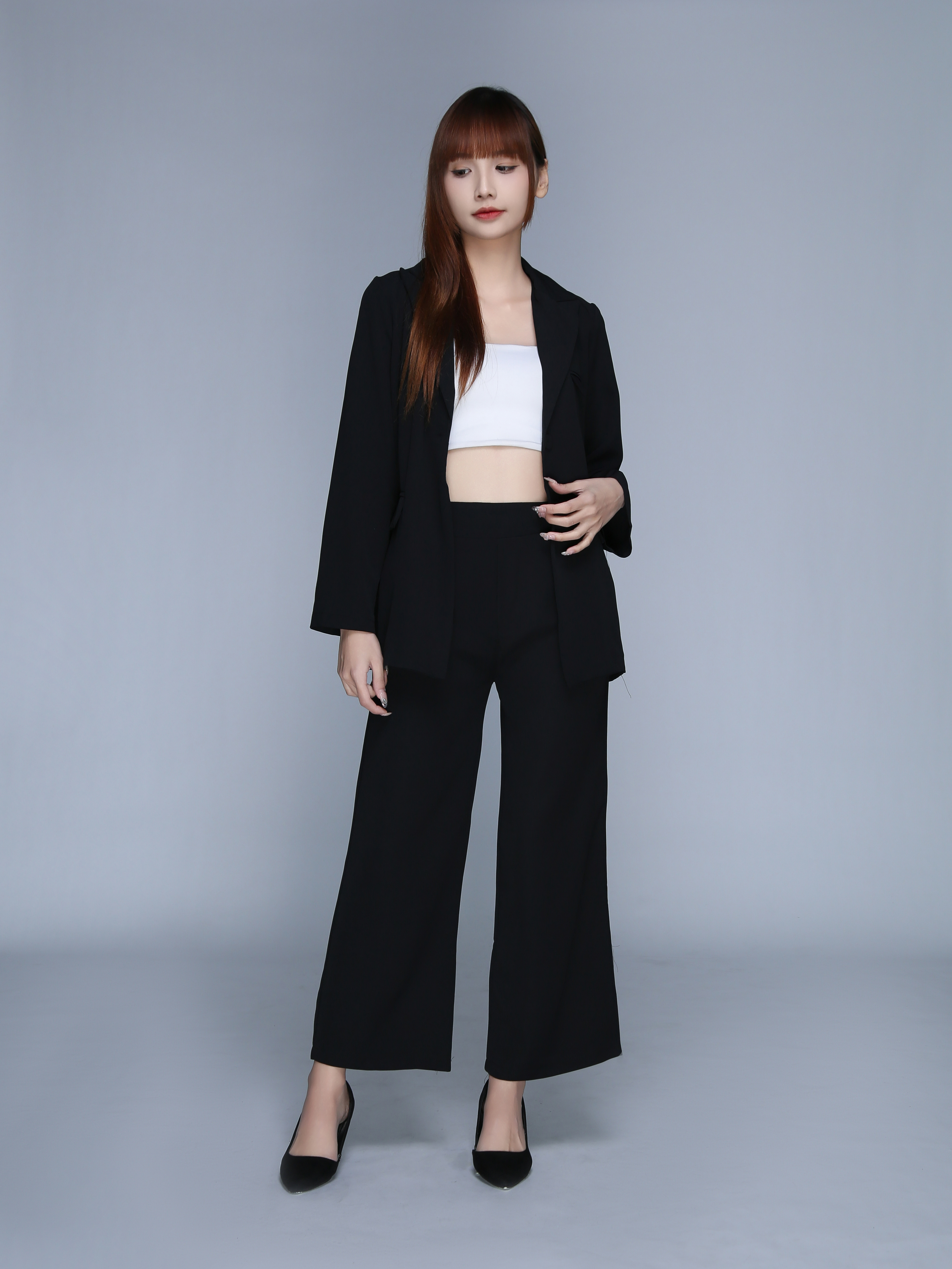 Long Sleeve Front Button Decorative Belt With Long Pant Set 22719