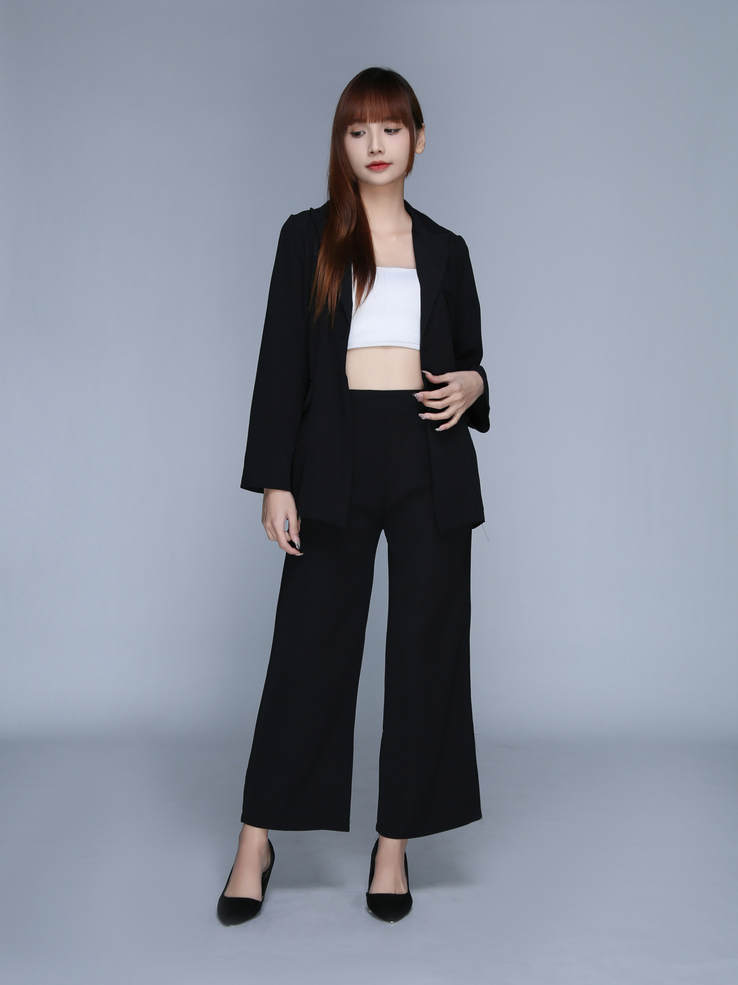 Long Sleeve Front Button Decorative Belt With Long Pant Set 22719