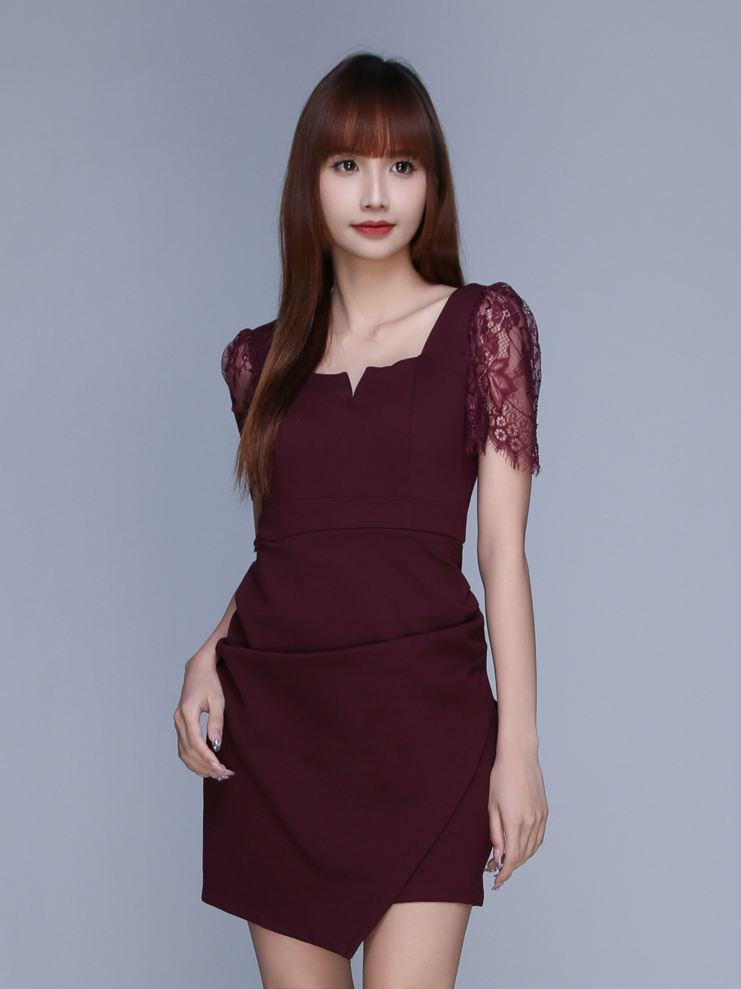 Short Lace Sleeve Pleated Dress 22724