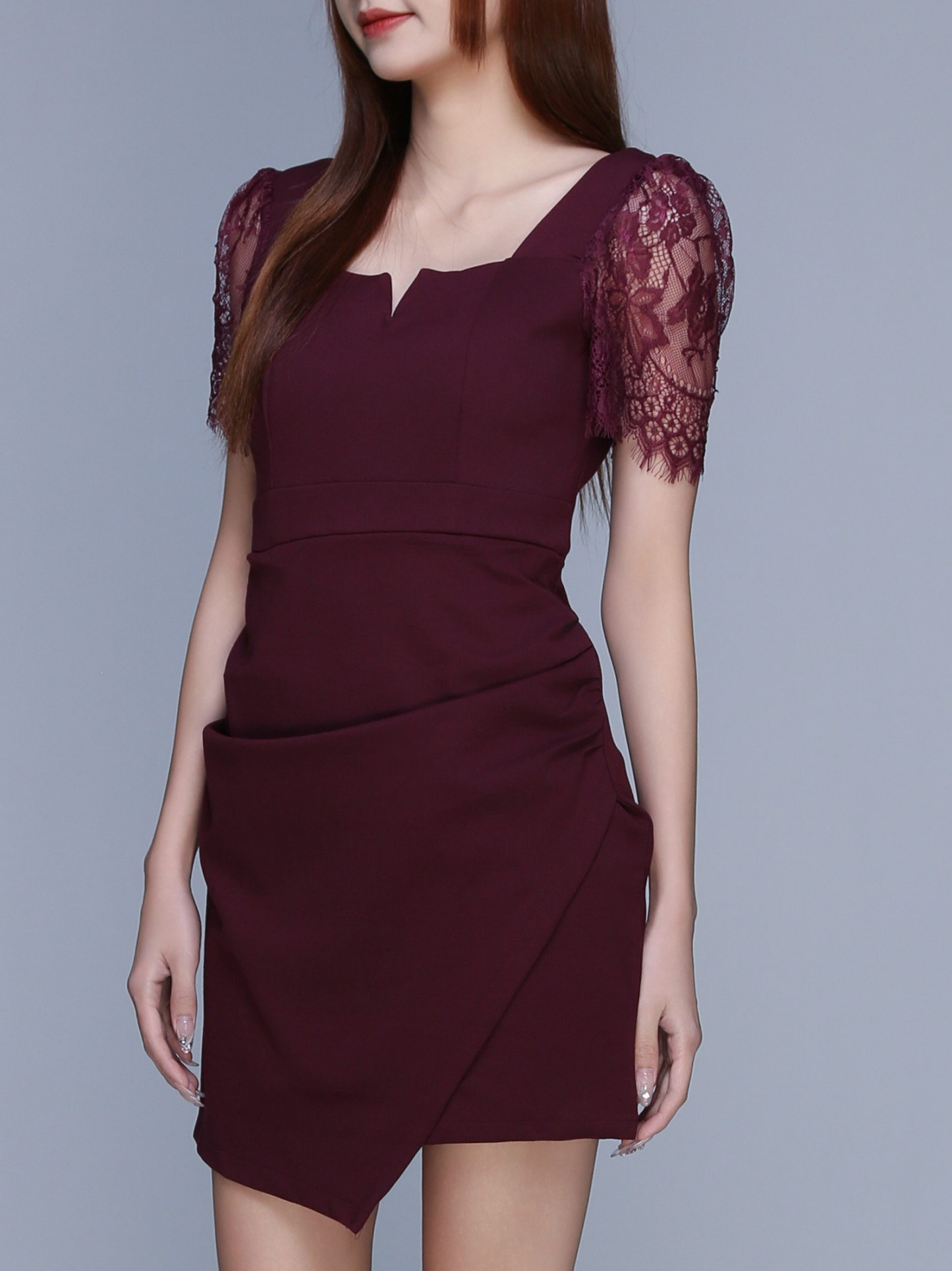 Short Lace Sleeve Pleated Dress 22724