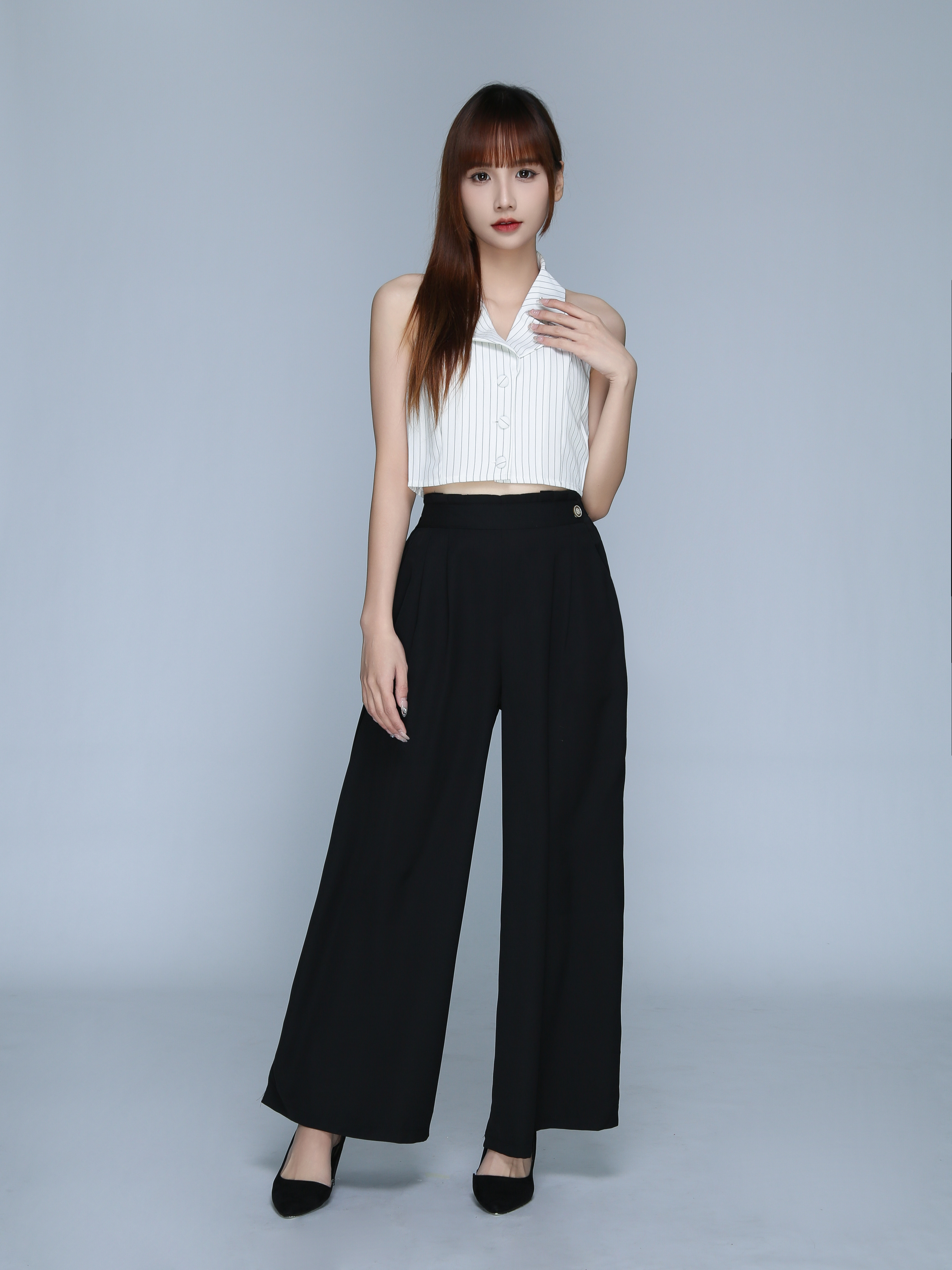 Stripes Notched Collar Button Top 22741