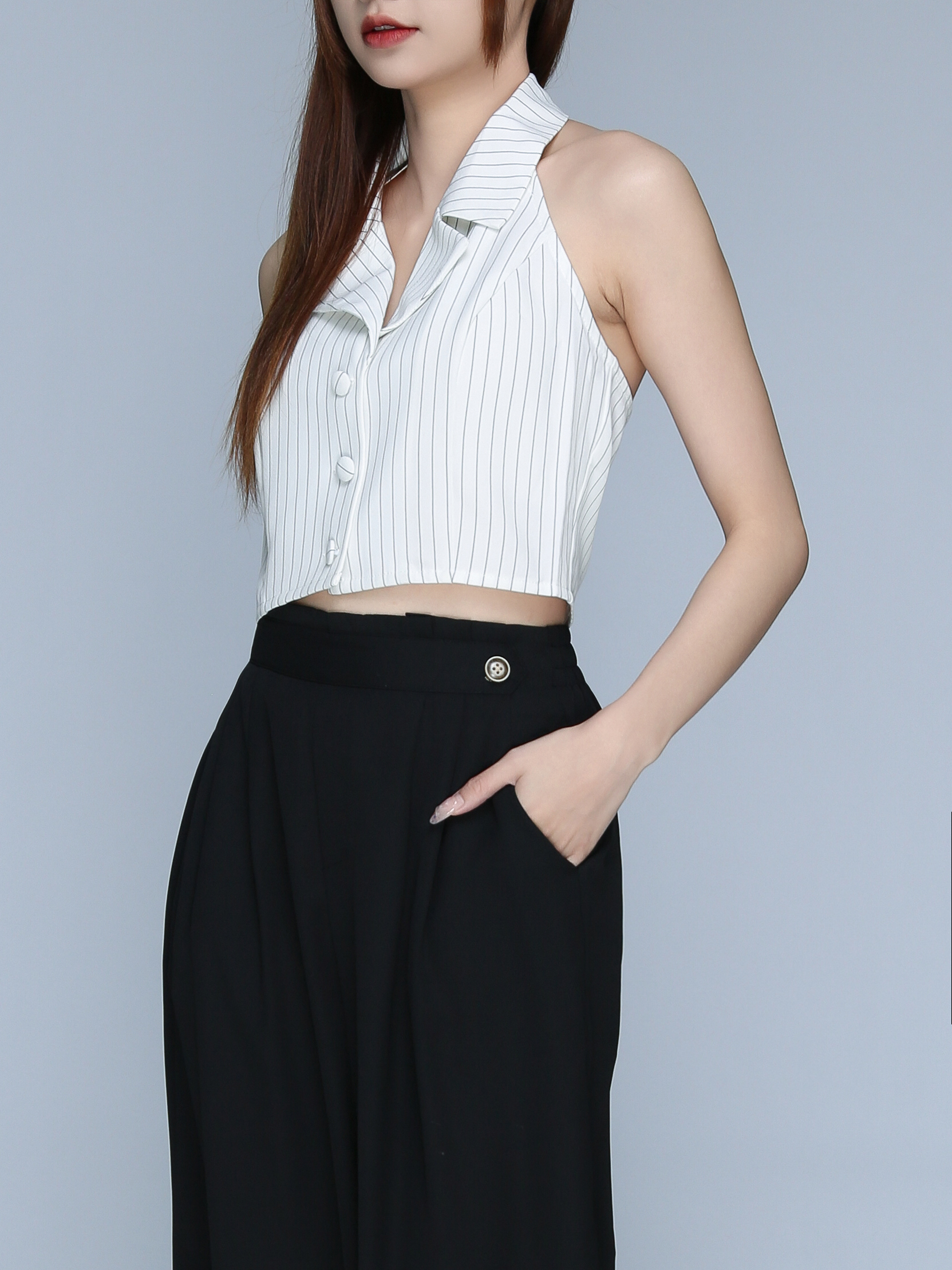 Stripes Notched Collar Button Top 22741