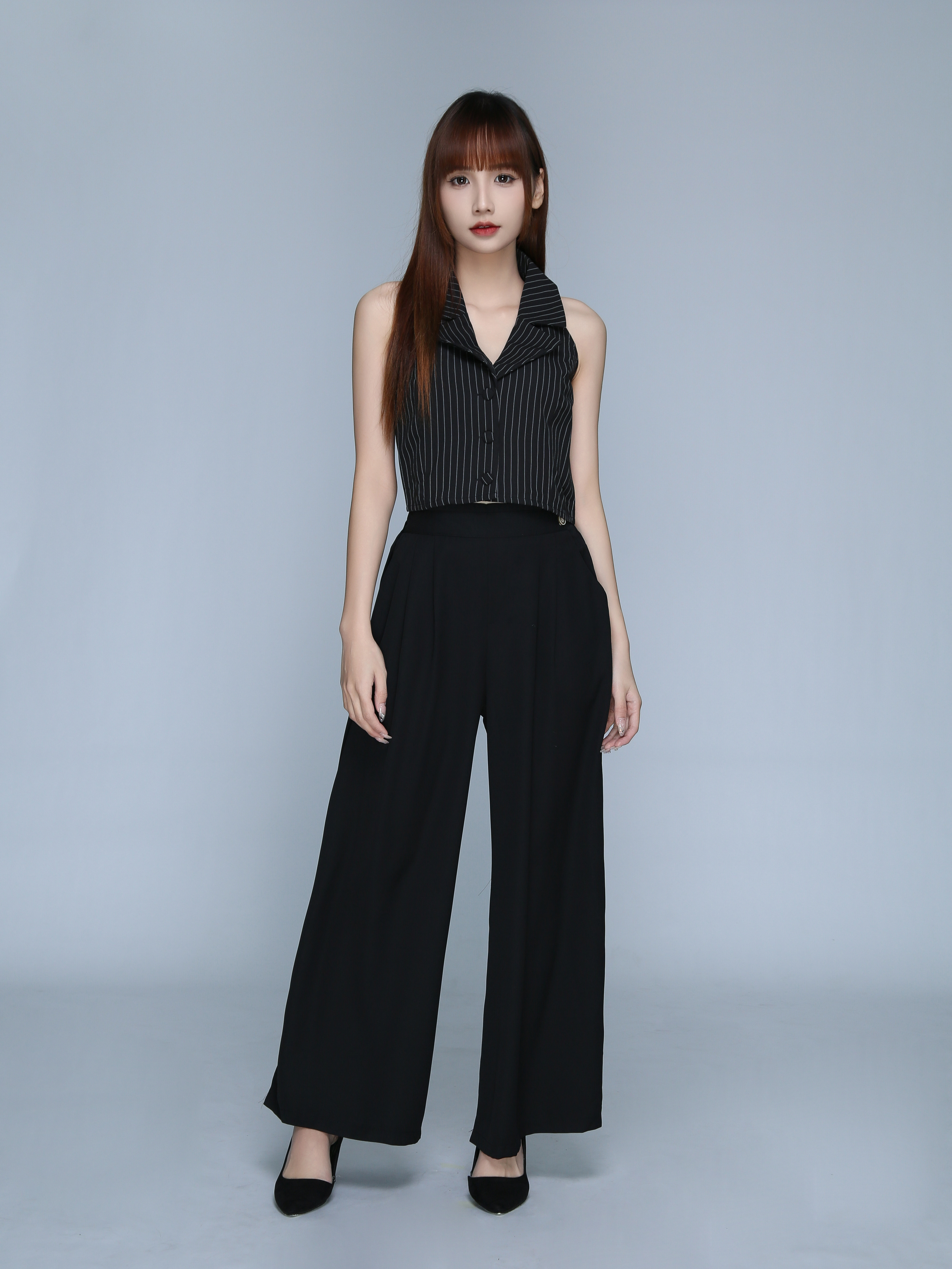 Stripes Notched Collar Button Top 22741