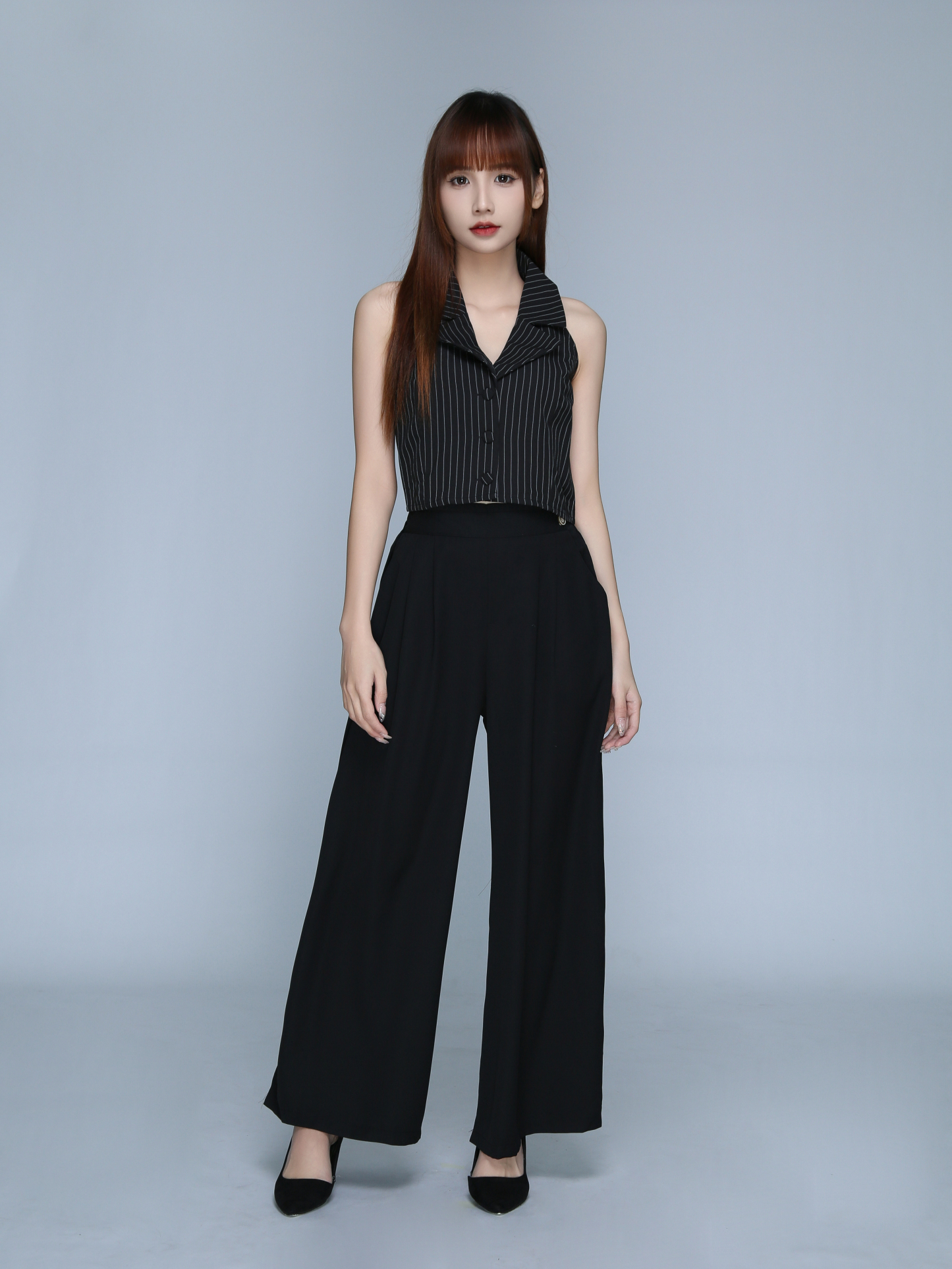 Stripes Notched Collar Button Top 22741