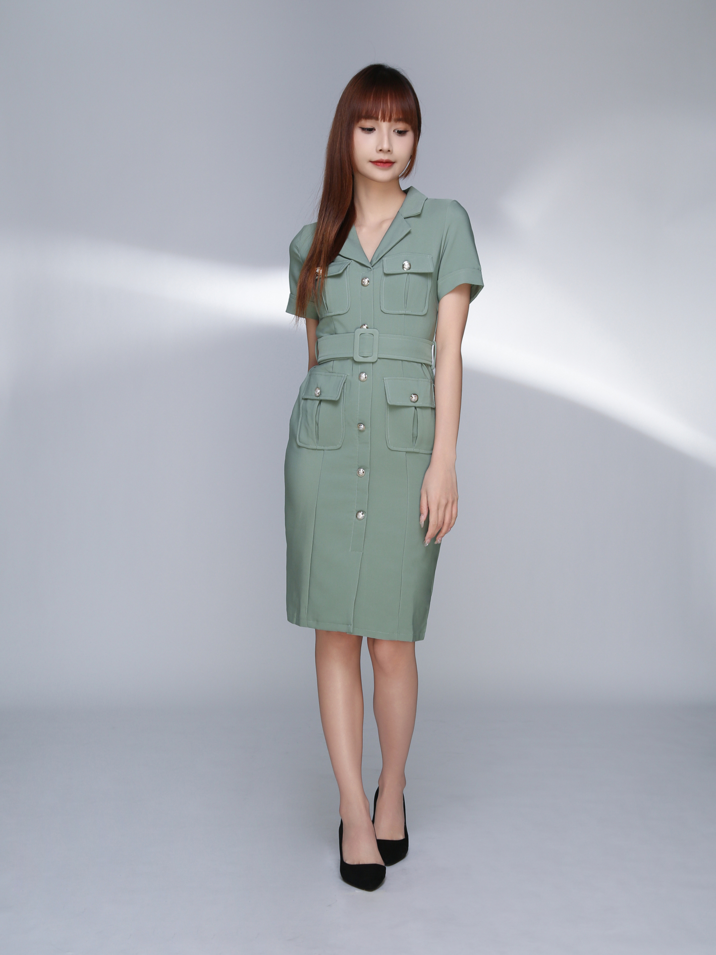 Back Zip V Neck Short Sleeve Pocket Belt Dress 22746