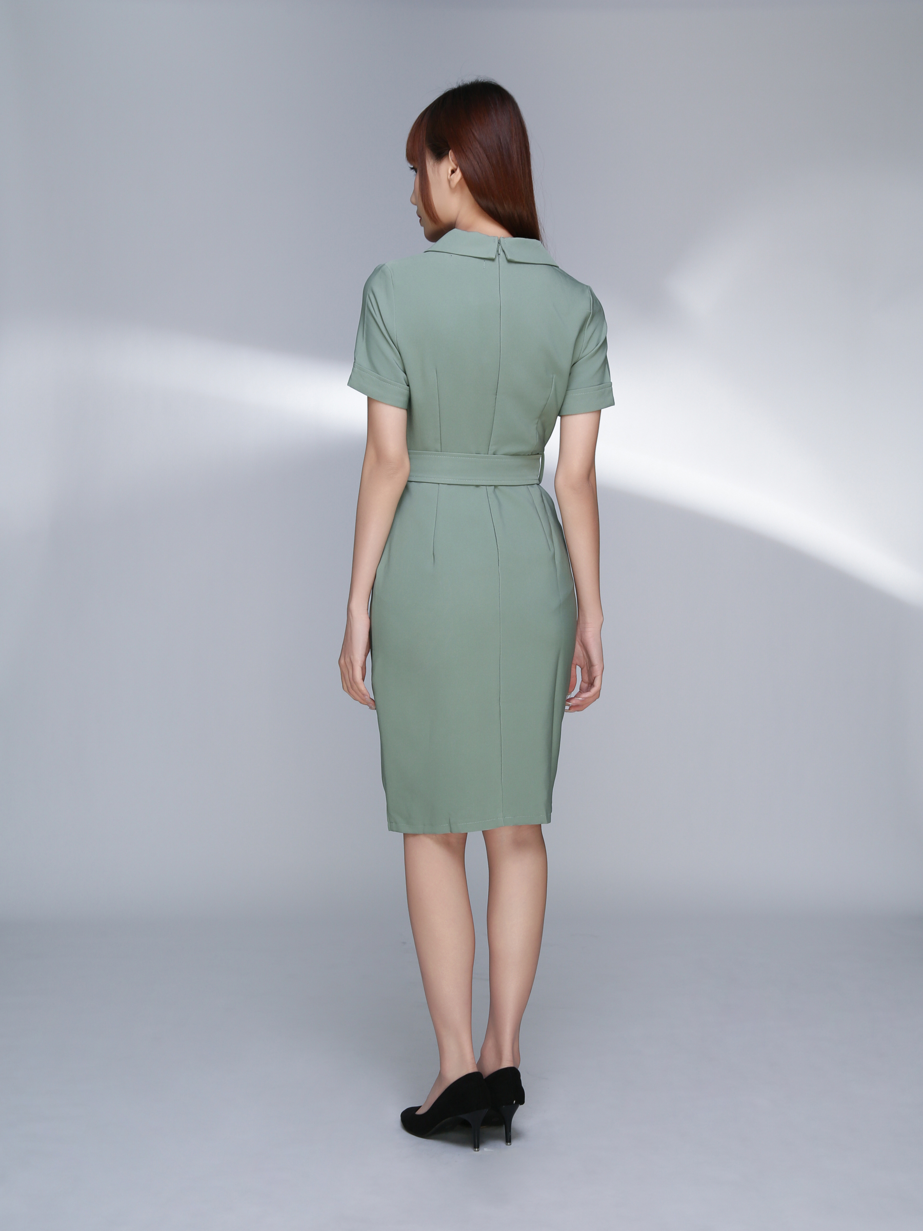 Back Zip V Neck Short Sleeve Pocket Belt Dress 22746