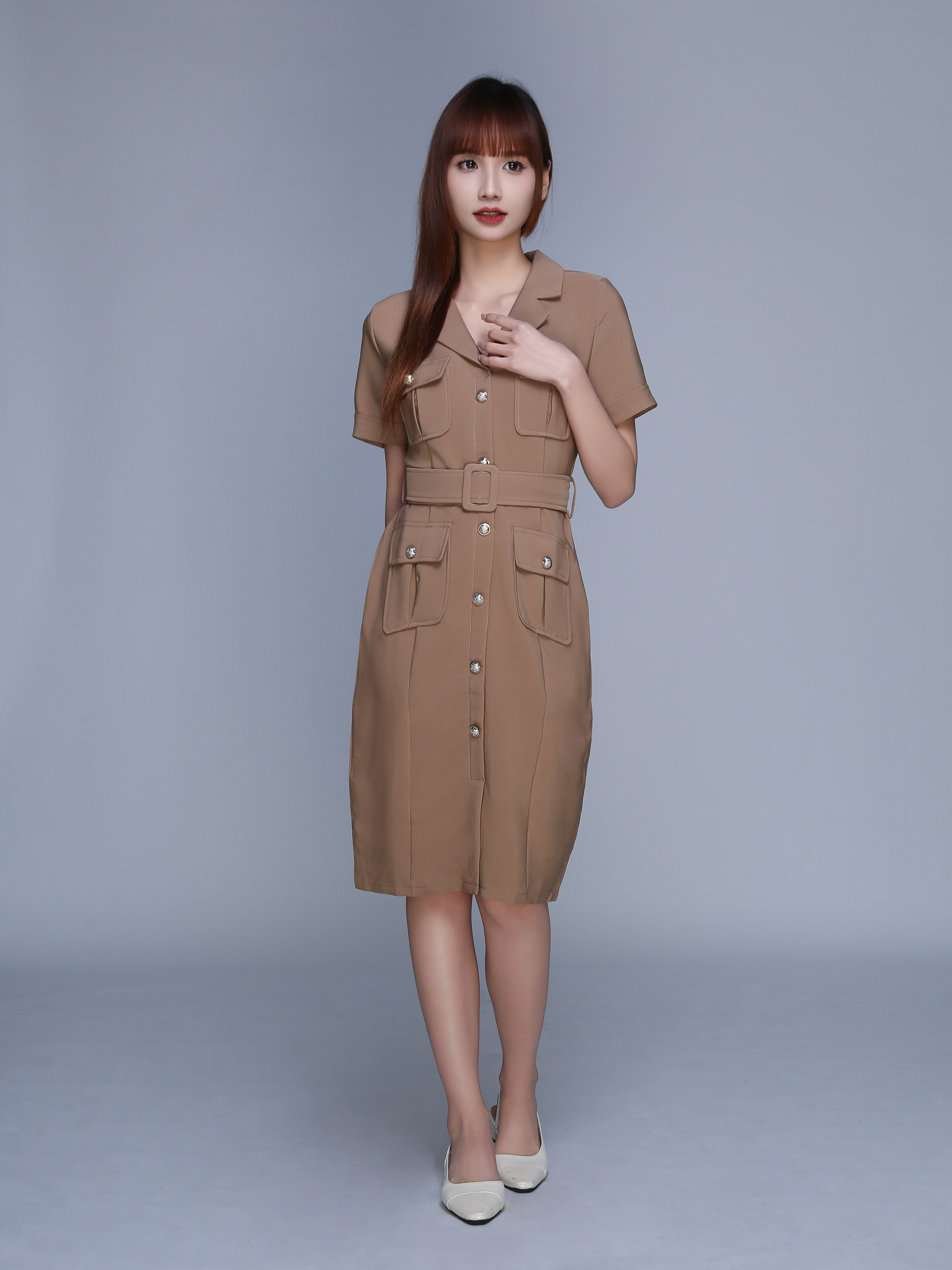 Back Zip V Neck Short Sleeve Pocket Belt Dress 22746