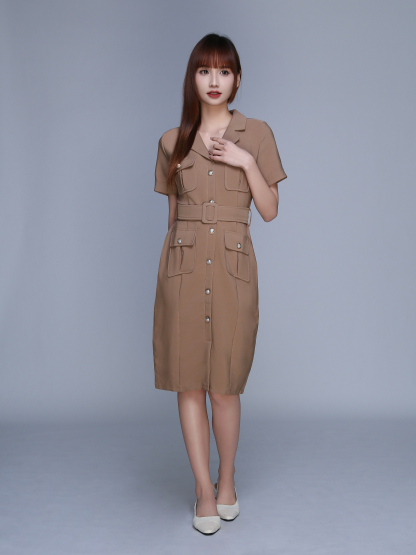 Back Zip V Neck Short Sleeve Pocket Belt Dress 22746