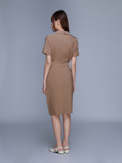 Back Zip V Neck Short Sleeve Pocket Belt Dress 22746