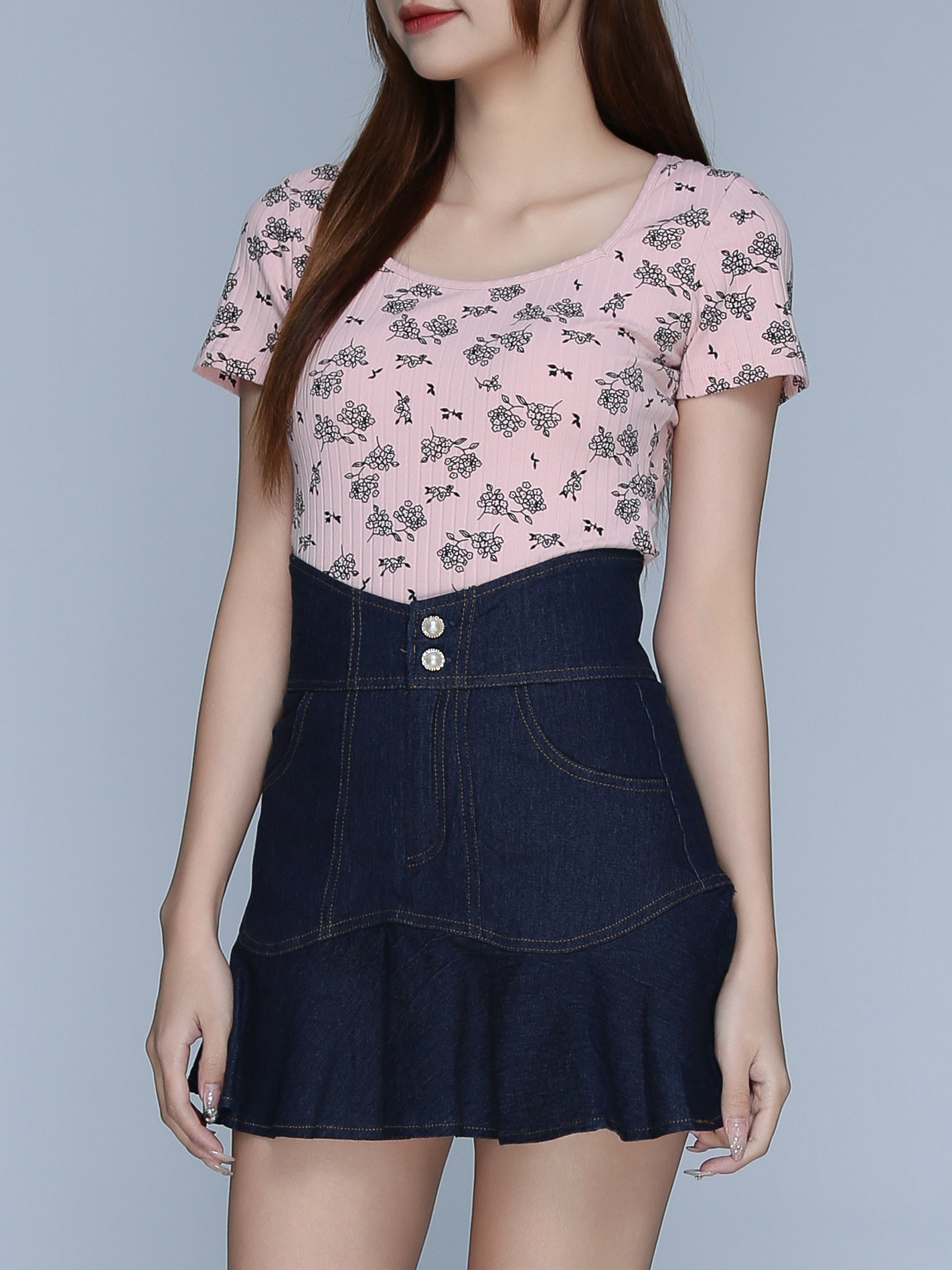 Denim High Waist Ruffles Side Pocket Skirt 23016