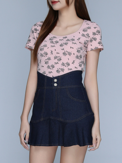 Denim High Waist Ruffles Side Pocket Skirt 23016