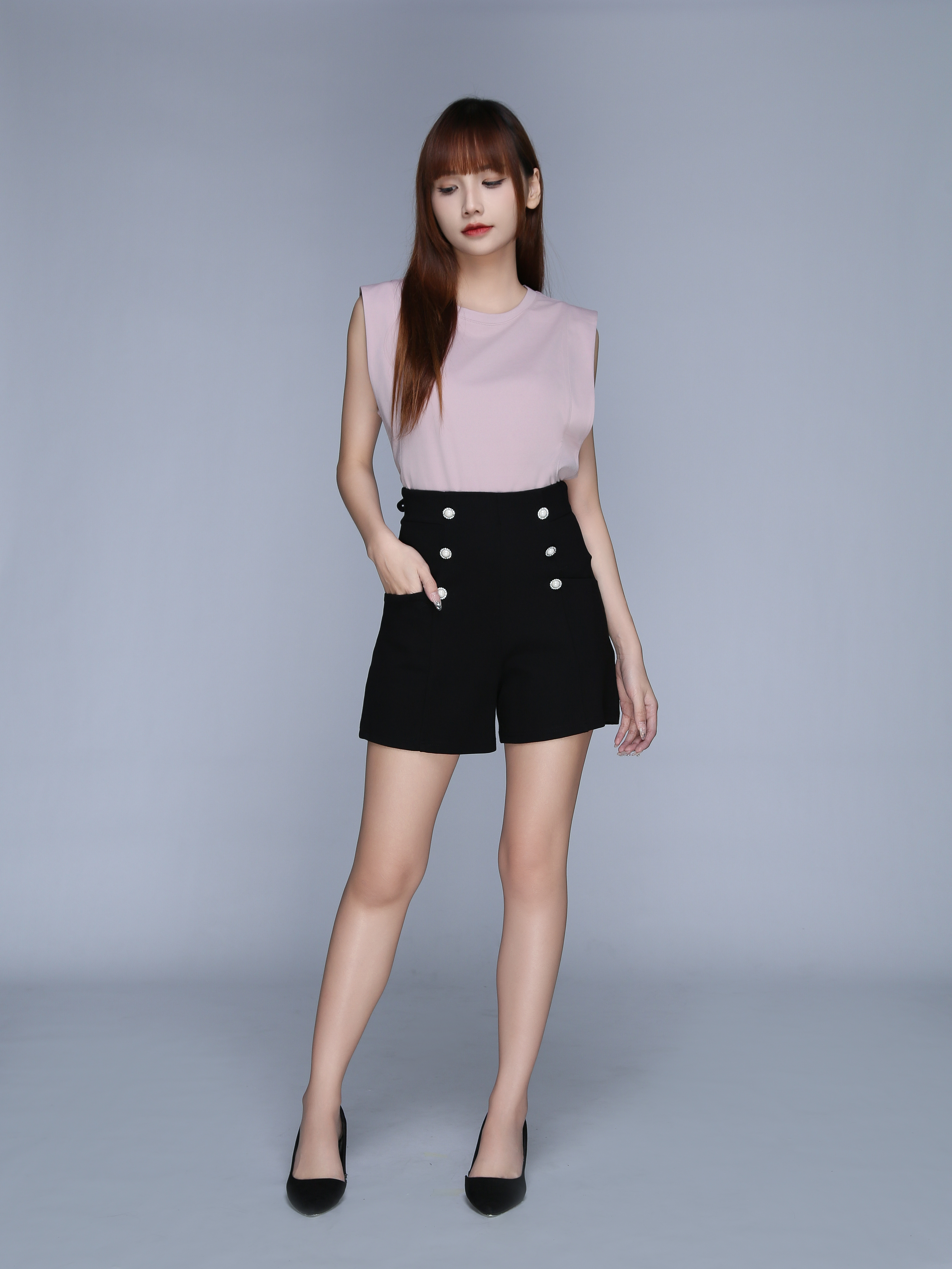 High Waist Side Decorative Button Short Pants 22983