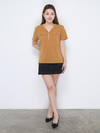 Front Pocket With Button V Neck Top 22850