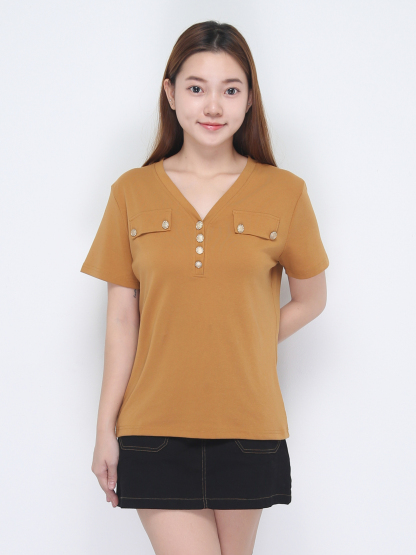 Front Pocket With Button V Neck Top 22850