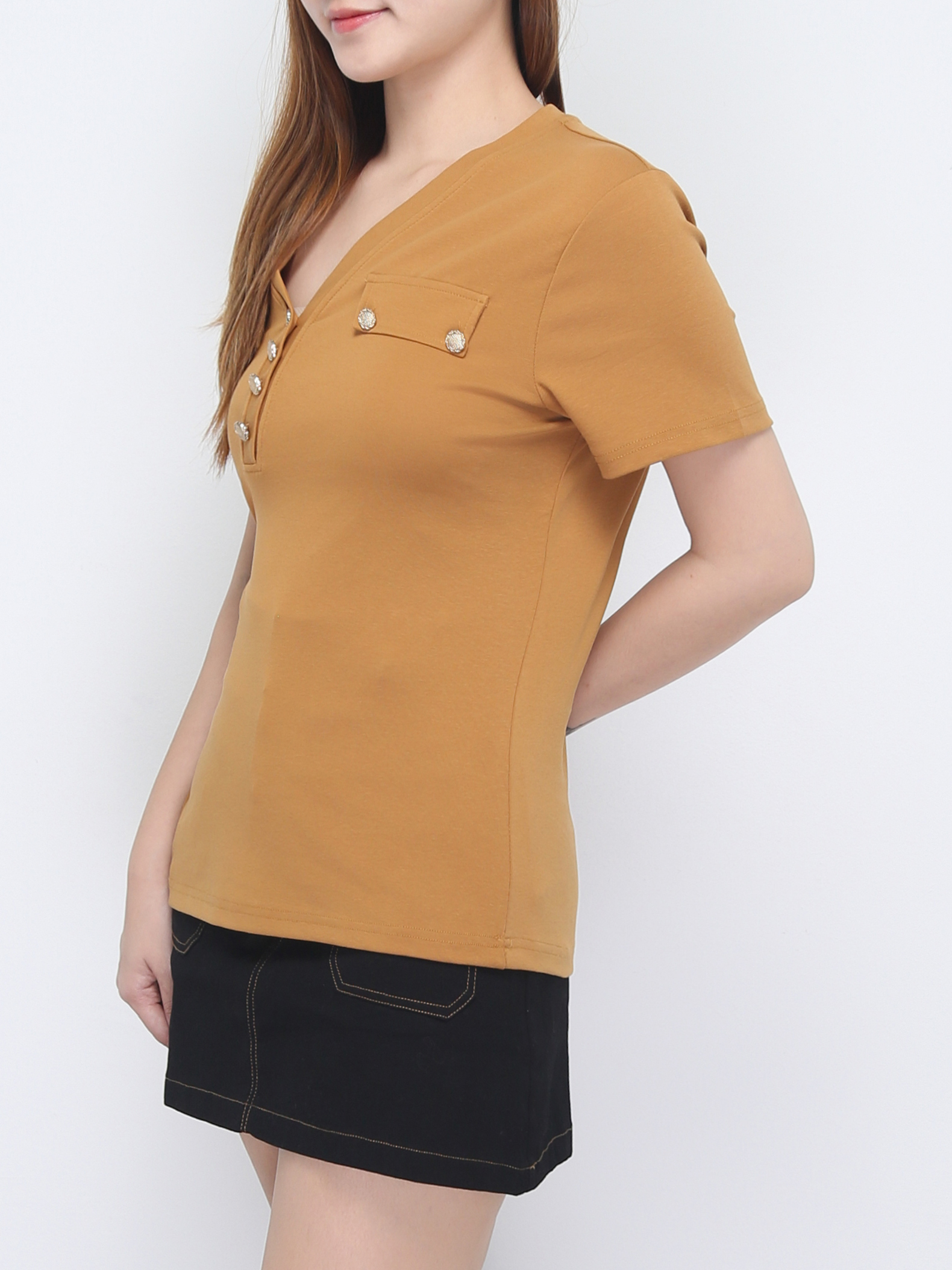 Front Pocket With Button V Neck Top 22850