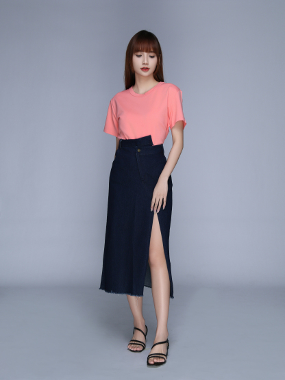 Denim Front Button And Pocket Split Long Skirt 22730