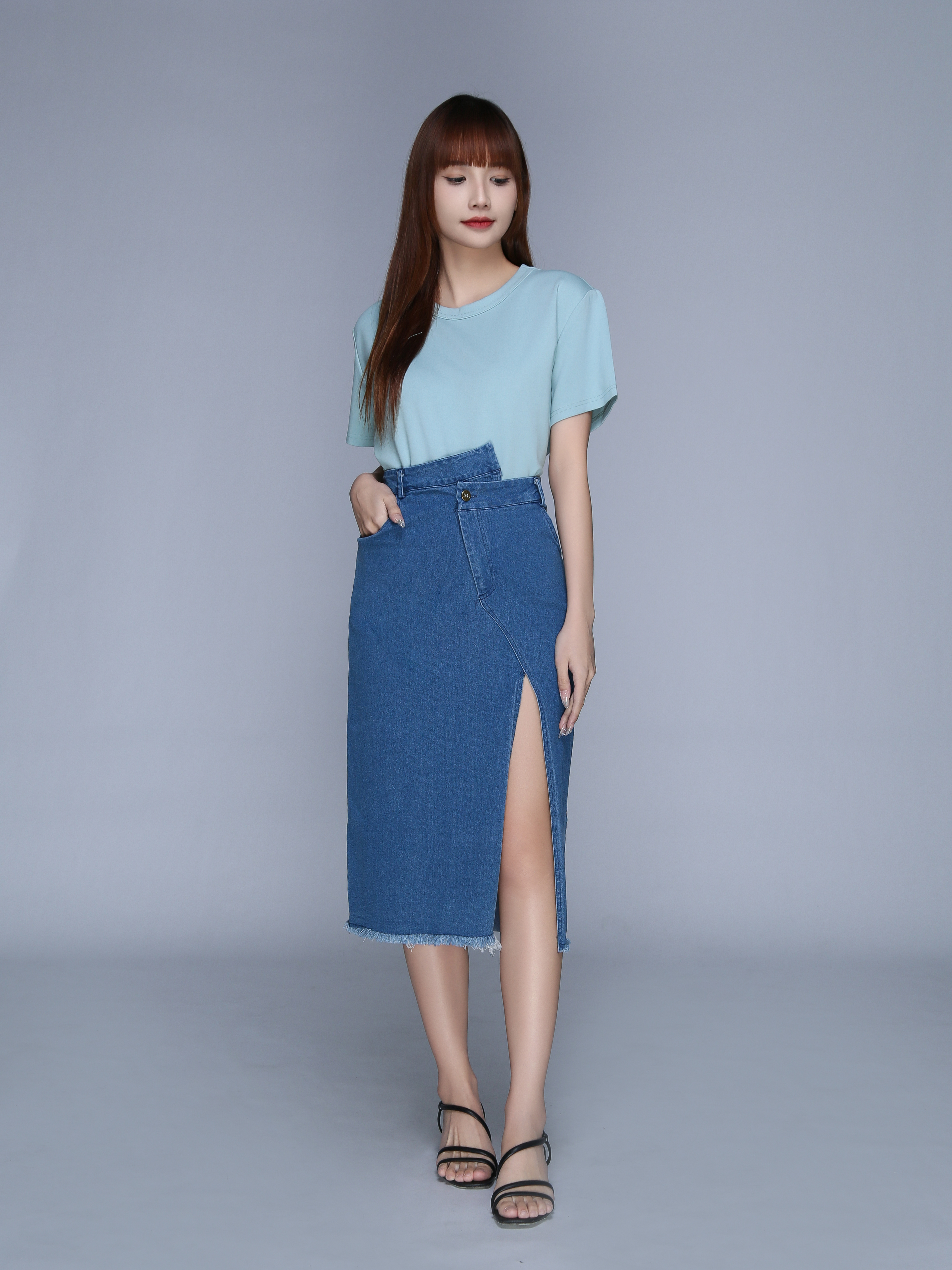 Denim Front Button And Pocket Split Long Skirt 22730