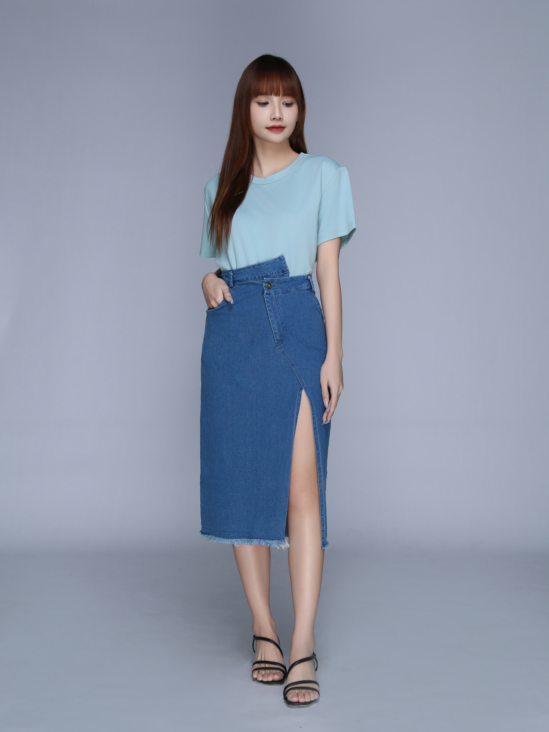 Denim Front Button And Pocket Split Long Skirt 22730