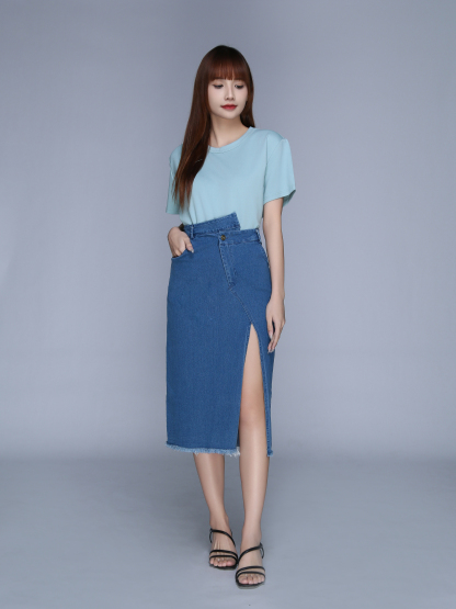 Denim Front Button And Pocket Split Long Skirt 22730