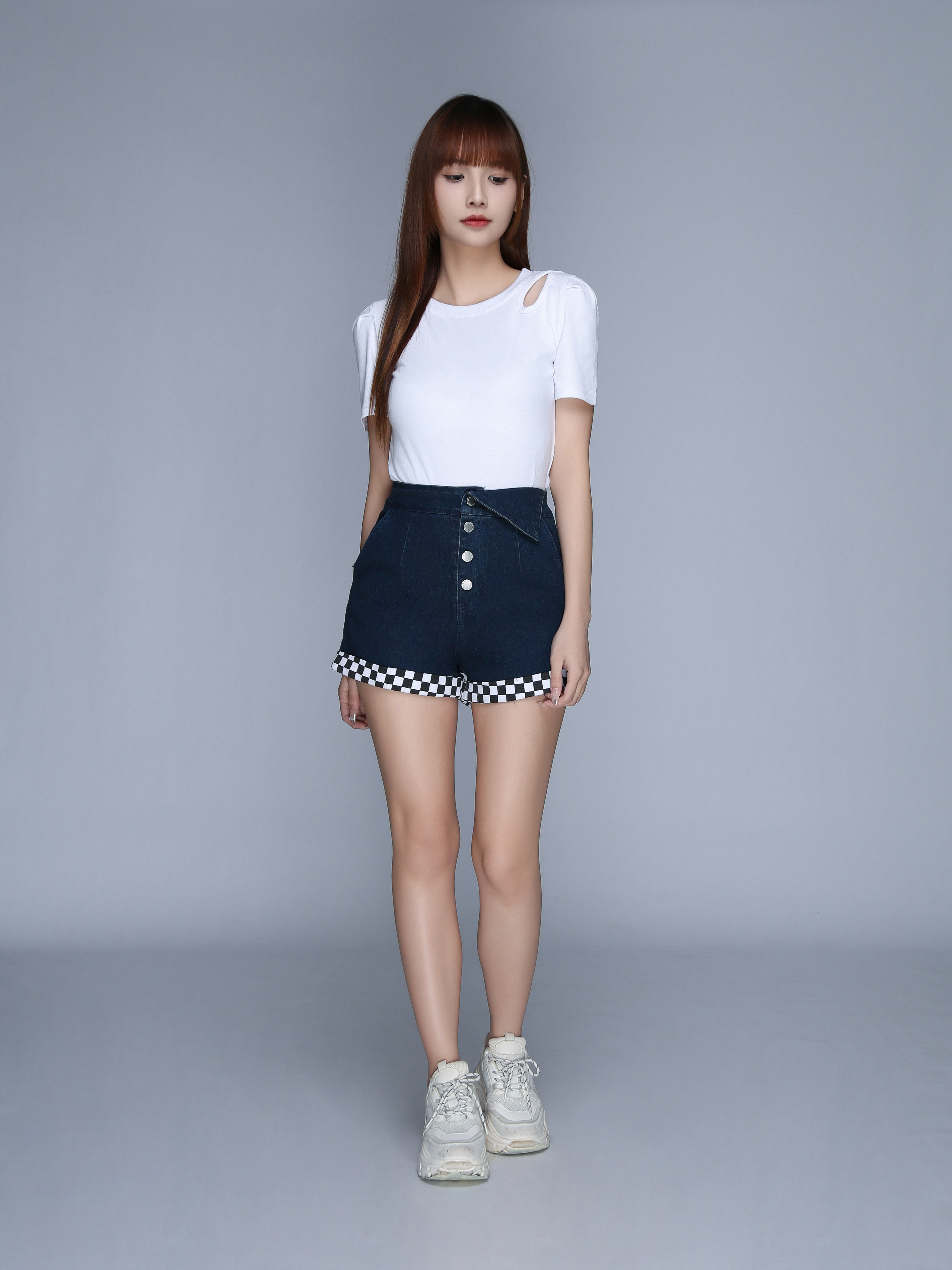Denim With Checker Leg Side Breasted Button Short Pants 22994